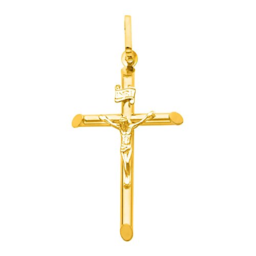 14K Yellow Gold Crucifix Cross Pendant with 1.7mm Flat Open Wheat Chain Necklace - Religious Jewelry for Men & Women - Perfect for Baptism, First Communion, Confirmation & Everyday Faith Wear