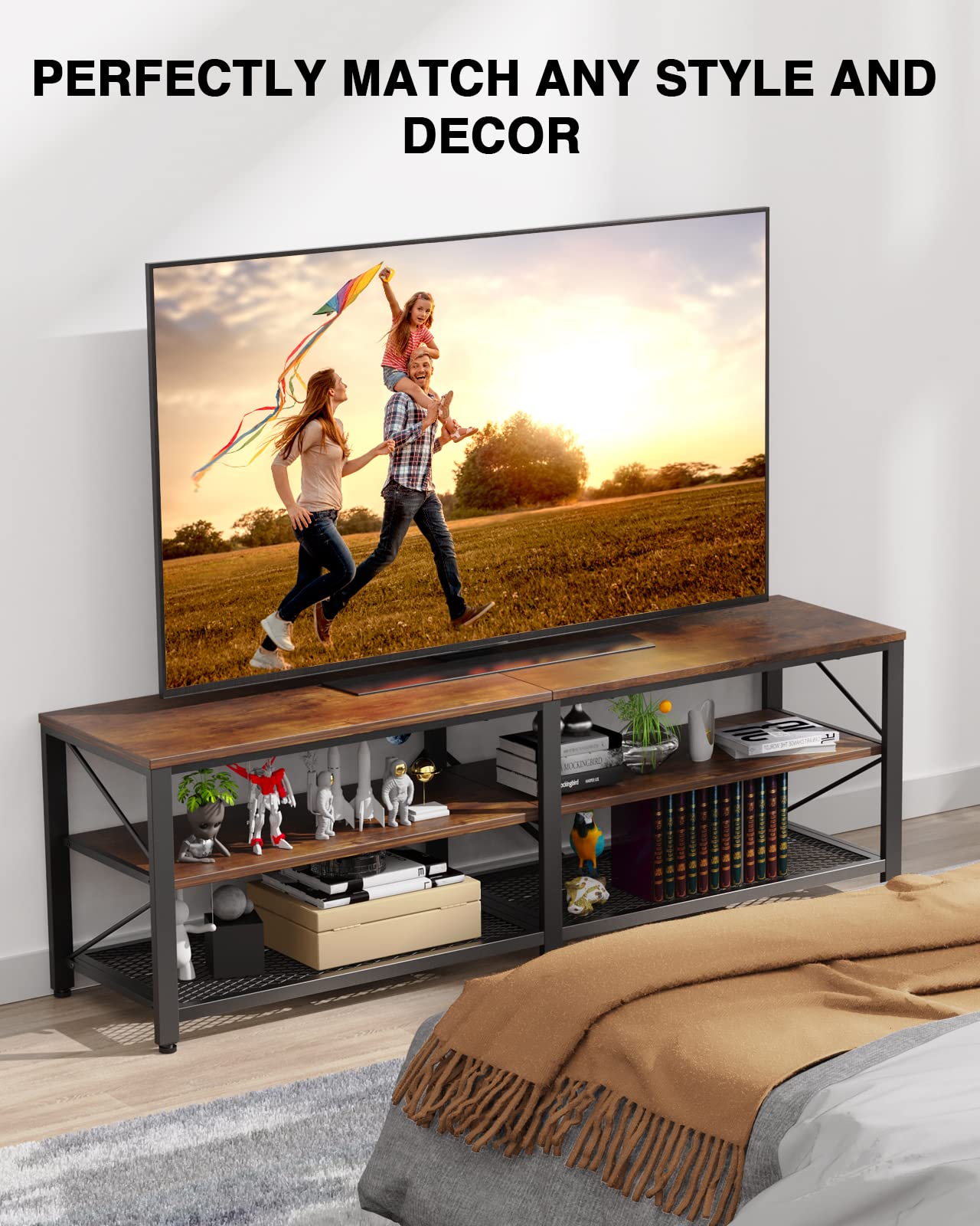 NOBLEWELL 63 Inch Rustic Brown TV Stand - 3-Tier Wood Entertainment Center with Storage, Media Console Table for Living Room - Perfect for Flat Screen TVs, Gaming Consoles & Home Theater Setup