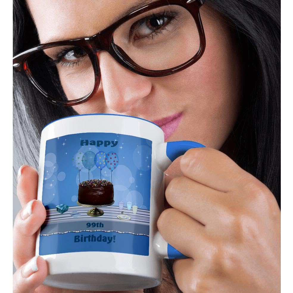 3dRose 99th Birthday Party Mug with Chocolate Cake & Blue Balloons Design - Ceramic Coffee Cup for Celebrations, Gifts & Office Use (mug_123985_6)