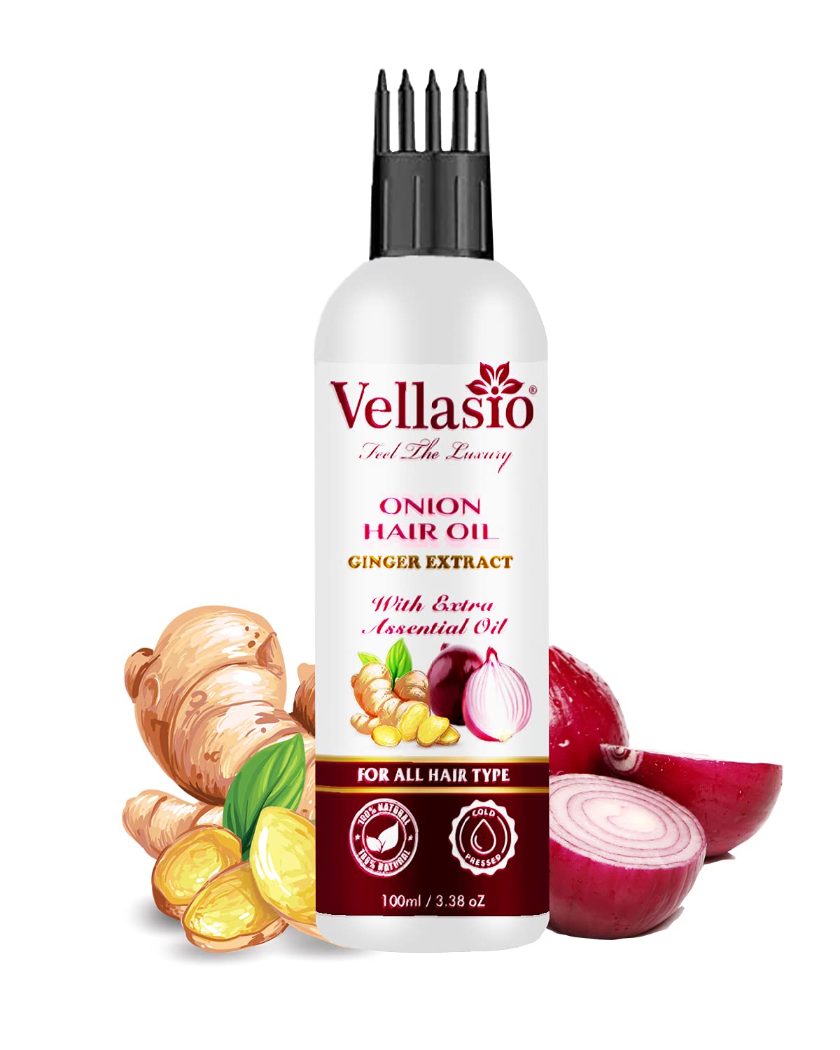 Vellasio Essence Onion Ginger Hair Oil for Hair Growth & Fall Control - Enriched with Multivitamins | Natural Hair Care Solution for Thinning Hair, Dry Scalp & Split Ends | Perfect for Daily Nourishment & Styling