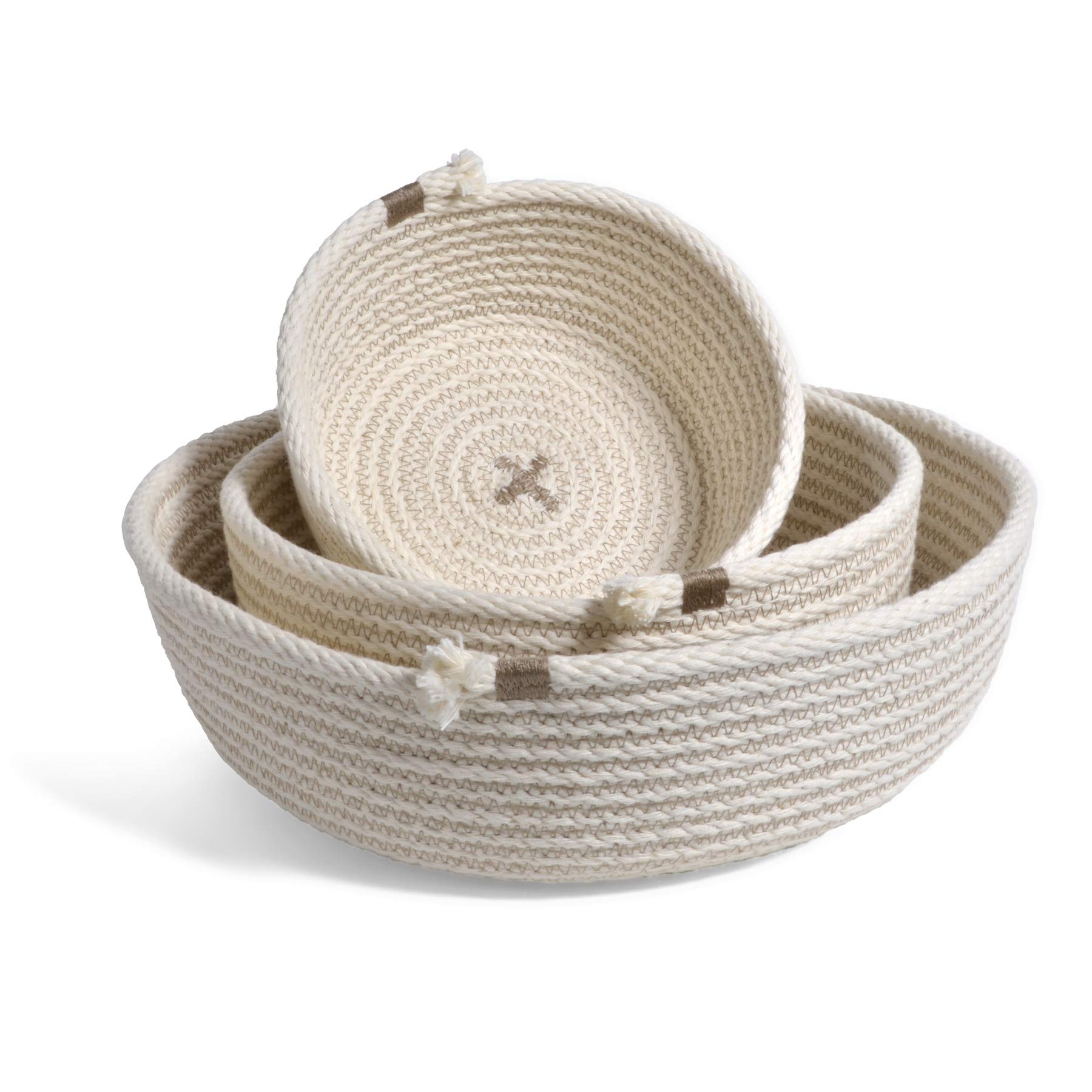 Handmade Rope Nesting Baskets Set of 3 - White & Taupe Woven Storage Bins for Home Organization | Perfect for Living Room, Bedroom & Nursery Decor