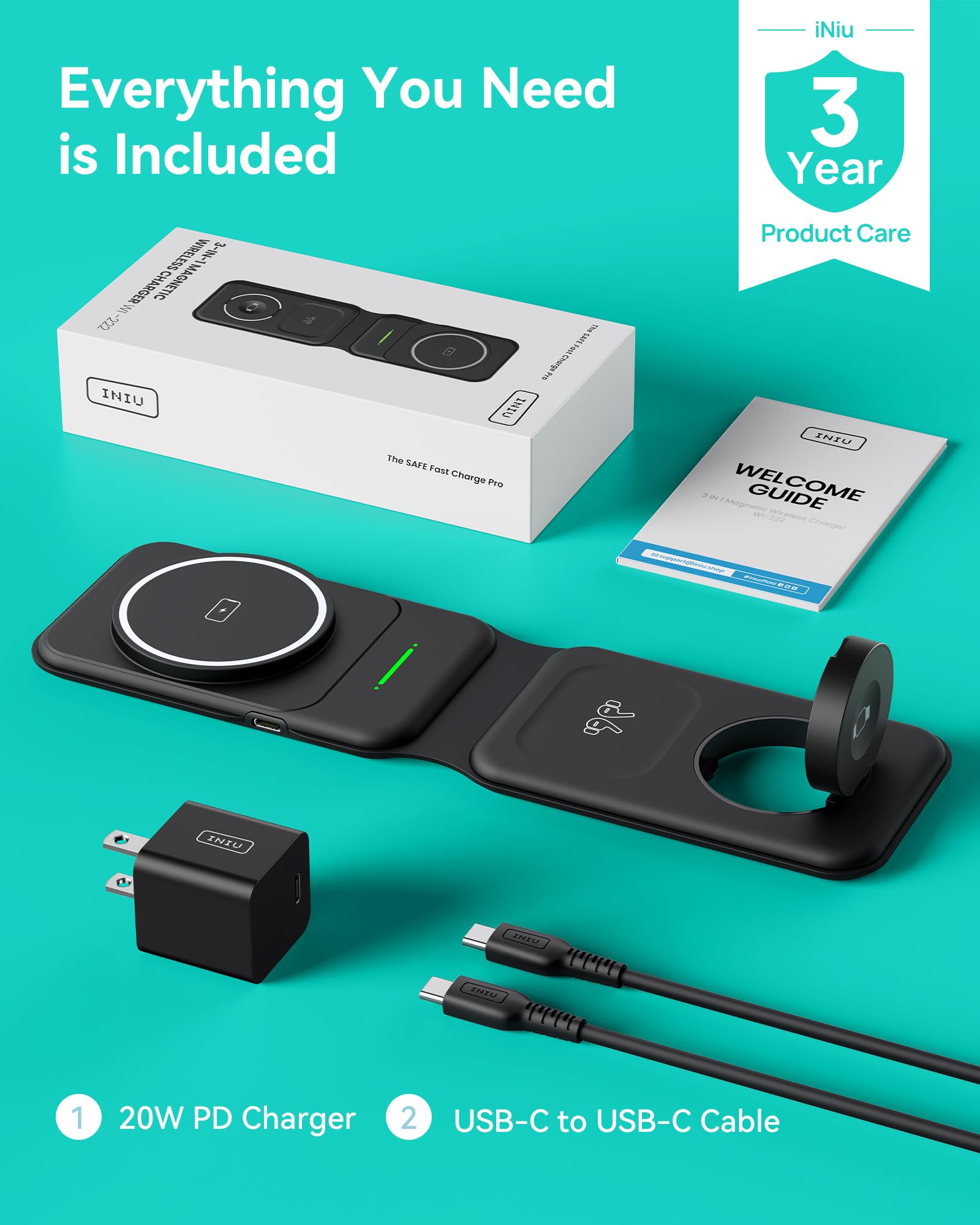 INIU 3-in-1 Magnetic Wireless Charging Station - Foldable Fast Charger for iPhone 16/15/14/13 Series, Apple Watch & AirPods - Portable Travel Charger with MagSafe (Adapter Included) | Perfect for Home, Office & Travel Use