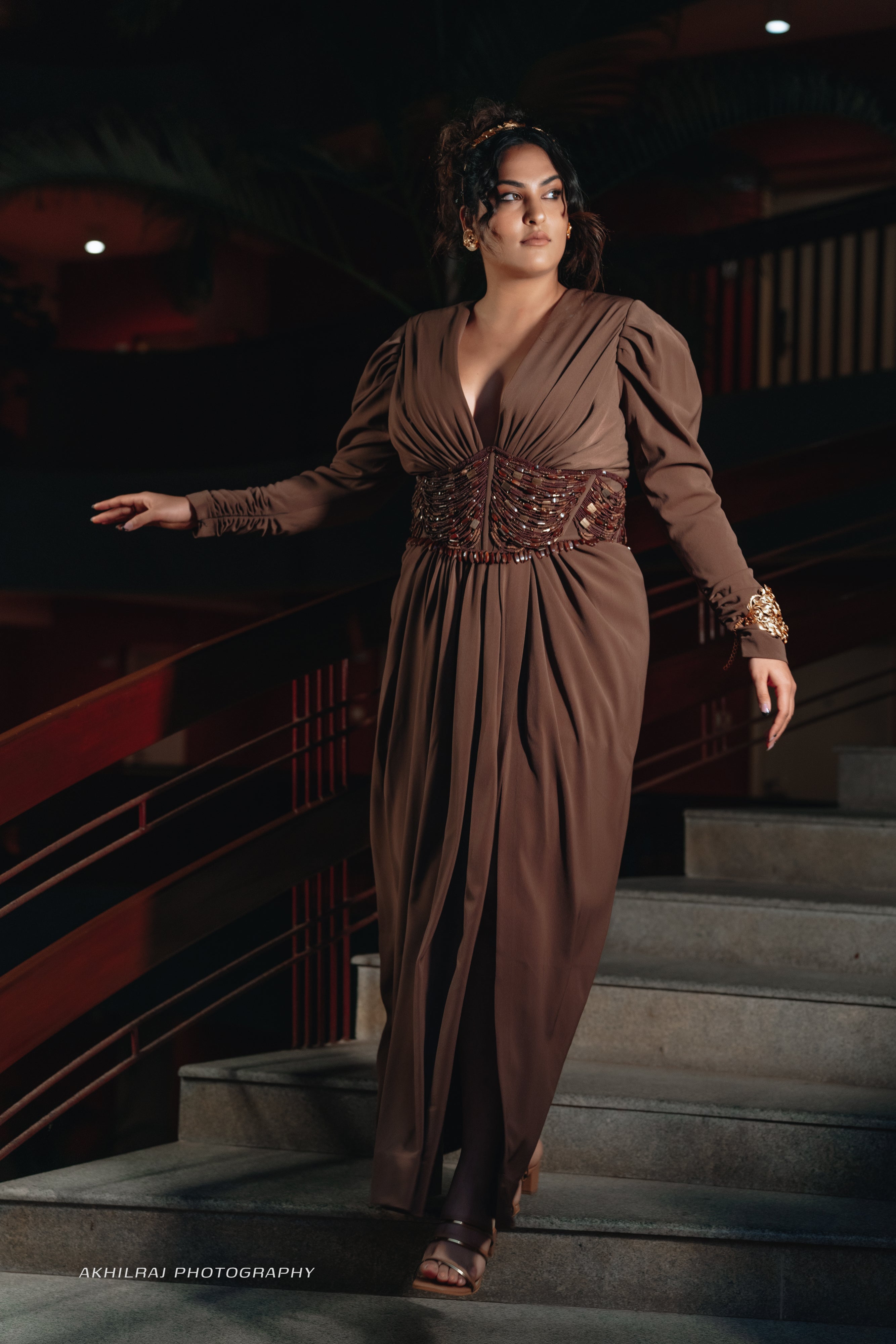 Sakshi Sindhwani Dark Tan Corset Dress with High Slit - Elegant Evening Gown for Parties, Weddings & Special Occasions