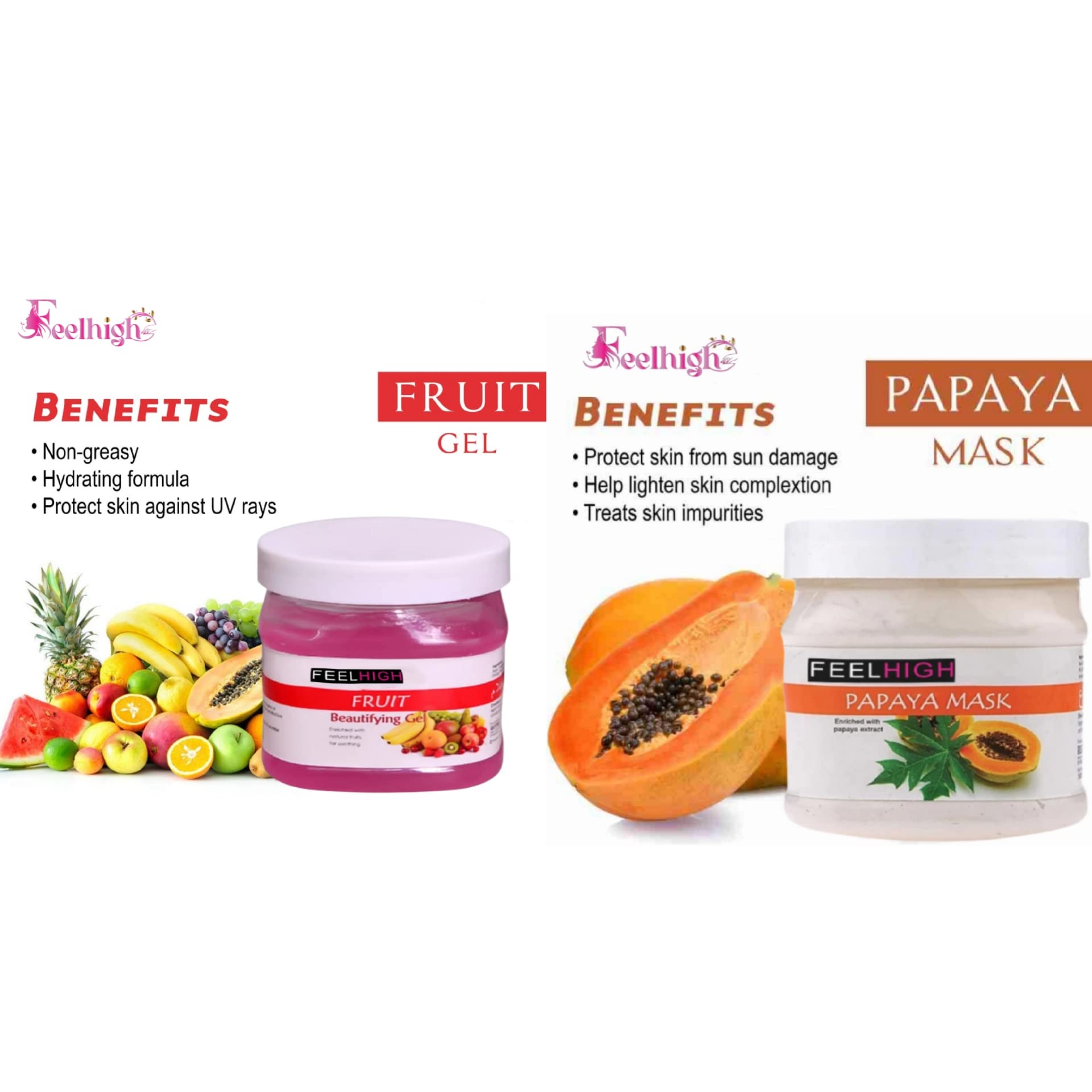 Feelhigh Face & Body Fruit Gel 500g + Papaya Face Mask 500g - Natural Skin Care Set for Women & Men - Hydrating Facial Treatment for Dry Skin & Brightening Complexion - Perfect for Spa Day & At-Home Skincare Routine