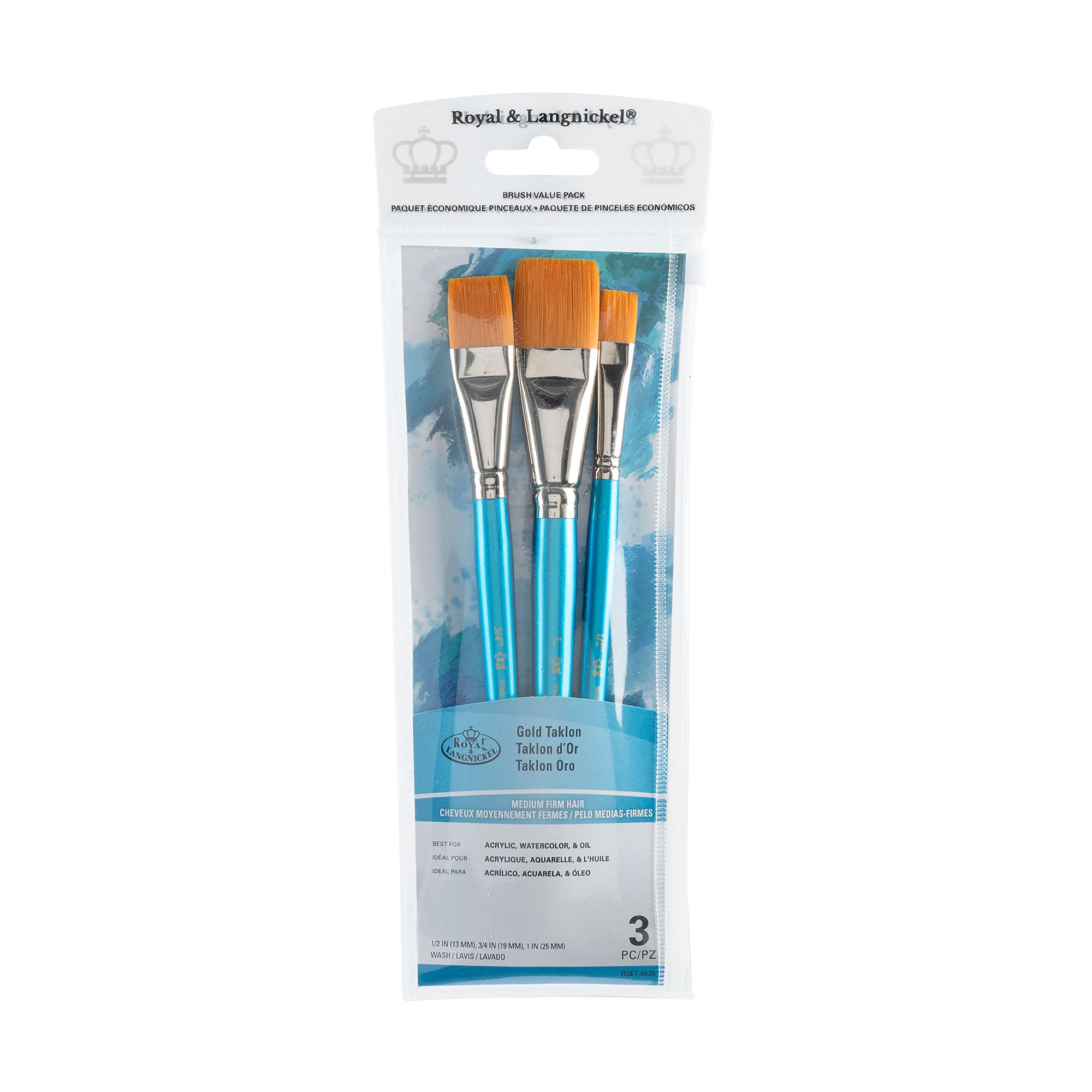 3 Pack Gold Taklon Paint Brushes - Professional Artist Brushes for Acrylic, Watercolor & Oil Painting - Perfect for Artists, Beginners & Hobbyists - Use for Canvas, Paper & DIY Crafts