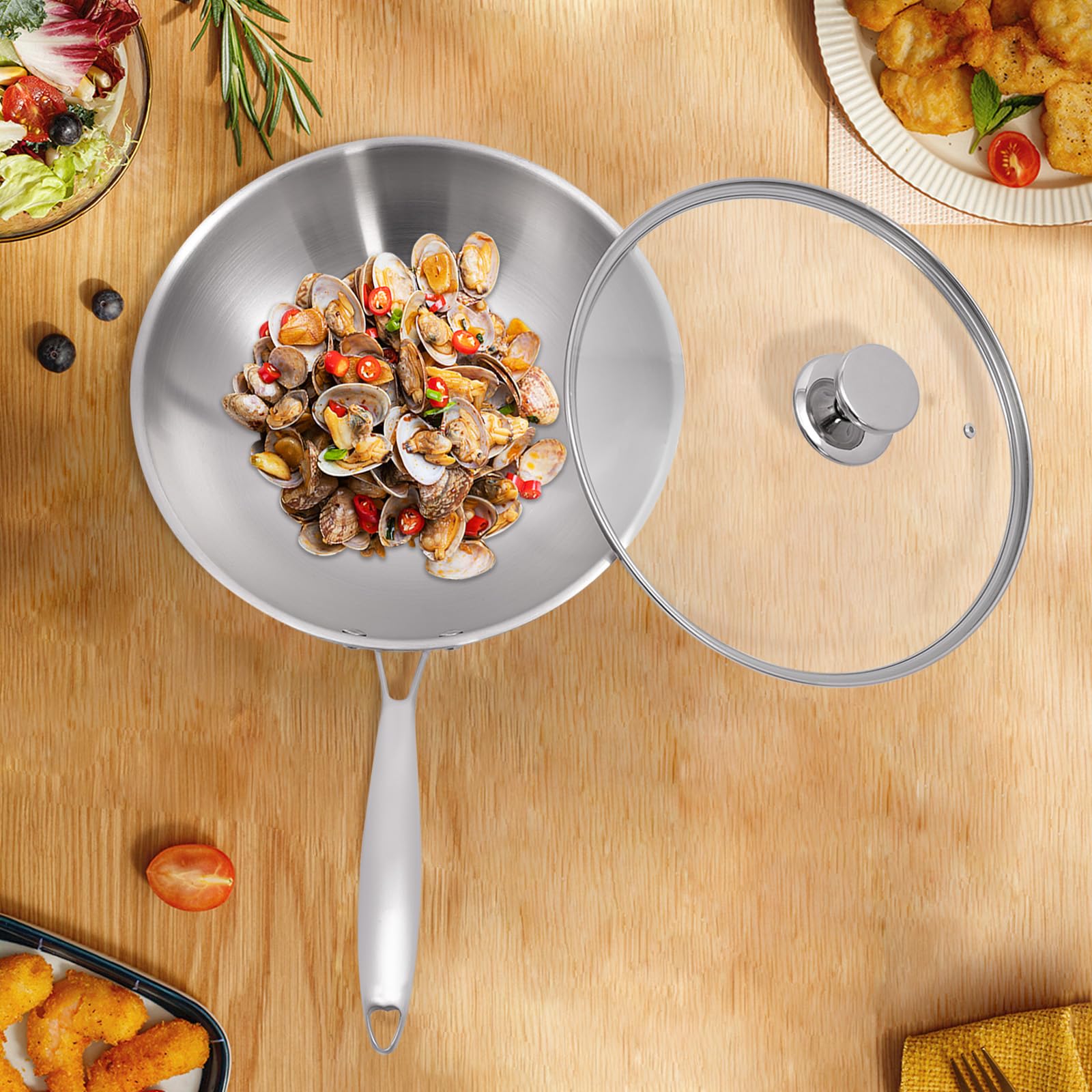 30cm Duoruameng Stainless Steel Induction Wok Pan with Tempered Glass Lid - Compatible with Gas & Induction, Easy to Clean - Perfect for Stir-Frying, Sautéing & Asian Cooking