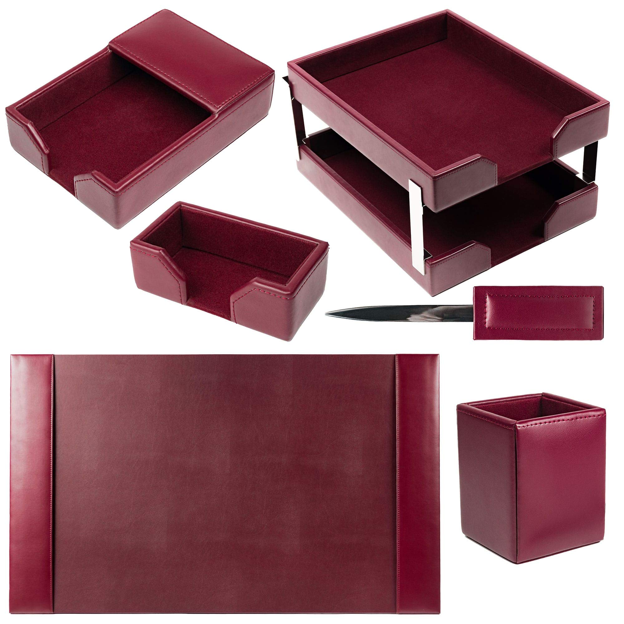 Premium DACASSO Bonded Leather Desk Set - Luxurious Leather Desk Pad & Office Organizer (8-Piece, Burgundy) for Home Office, Executive Desk & Professional Workspace