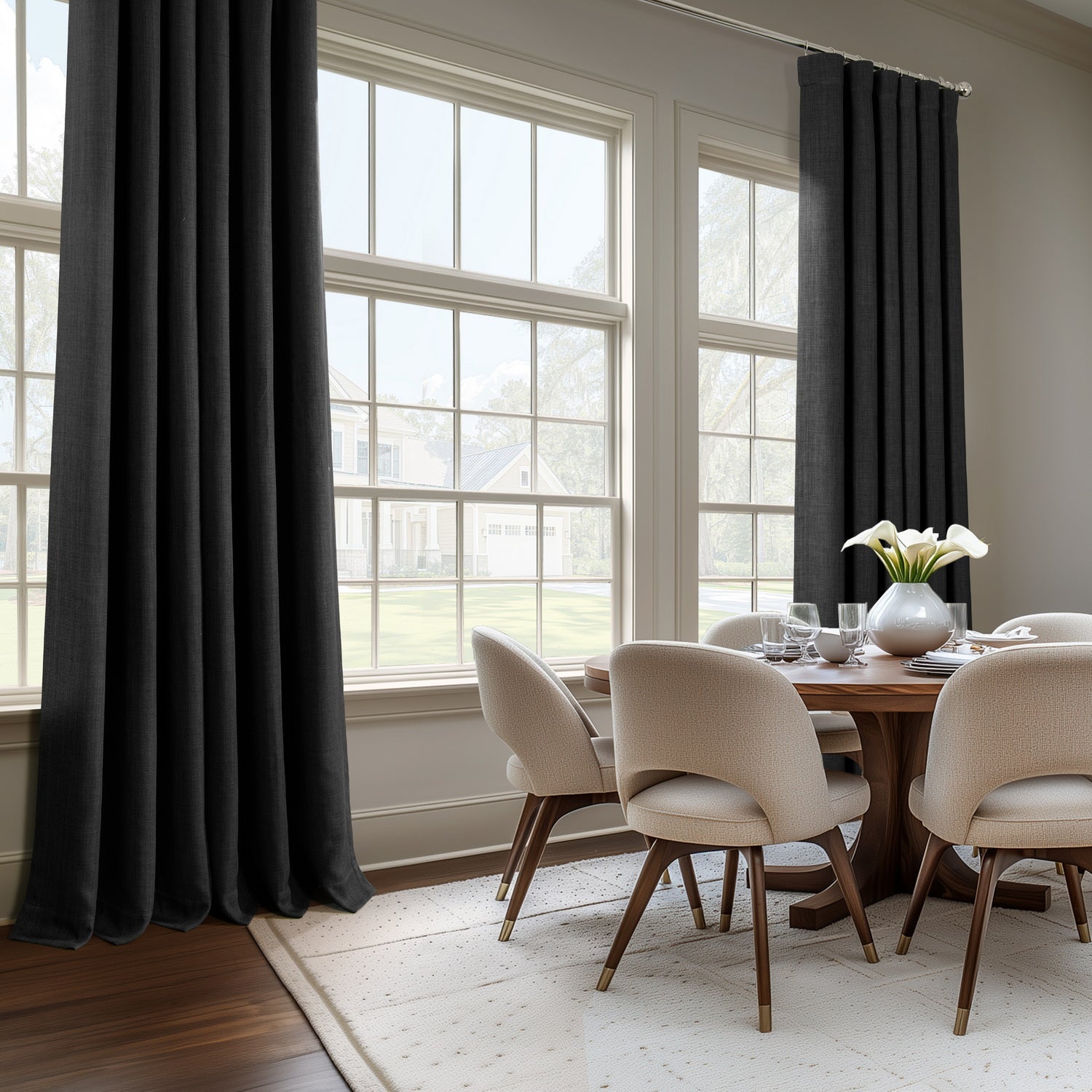 Black Textured Faux Linen Custom Curtains - Premium Window Treatment for Living Room, Bedroom & Office Decor