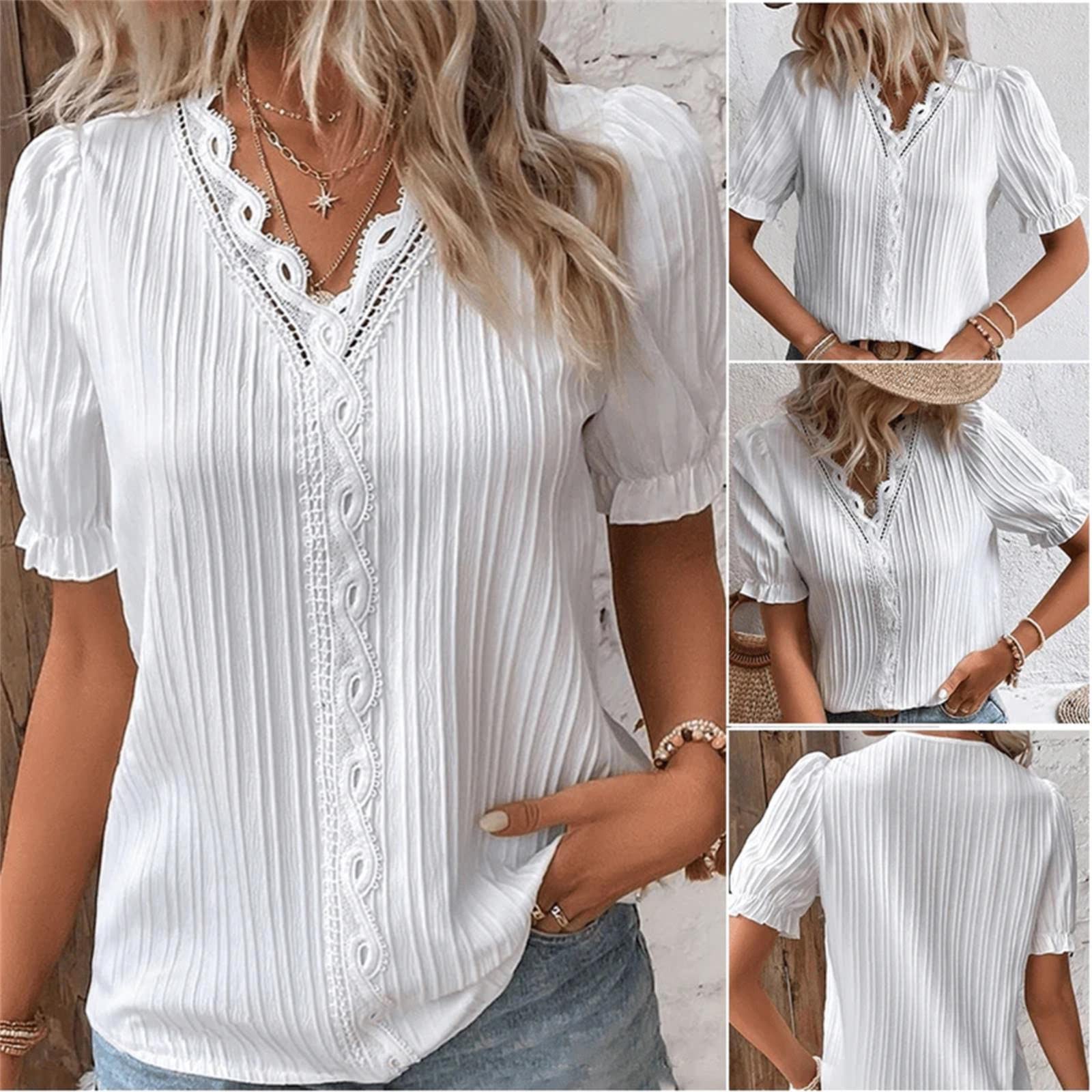 Women's Floral Print Lace V-Neck Short Sleeve Blouse - Trendy Puff Sleeve Summer Top 2024 - Casual Cute Shirt for Women (Large, White) | Perfect for Beach Outings, Date Nights & Summer Vacations