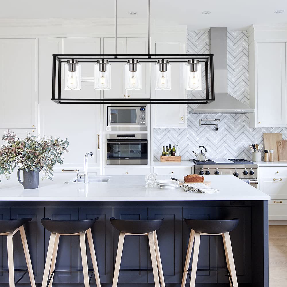 VINLUZ Modern 5-Light Rectangle Chandelier in Brushed Nickel & Black - Clear Glass Shade Farmhouse Pendant Light for Dining Room, Kitchen Island & Living Room Ceiling | Perfect for Rustic, Industrial & Contemporary Home Decor