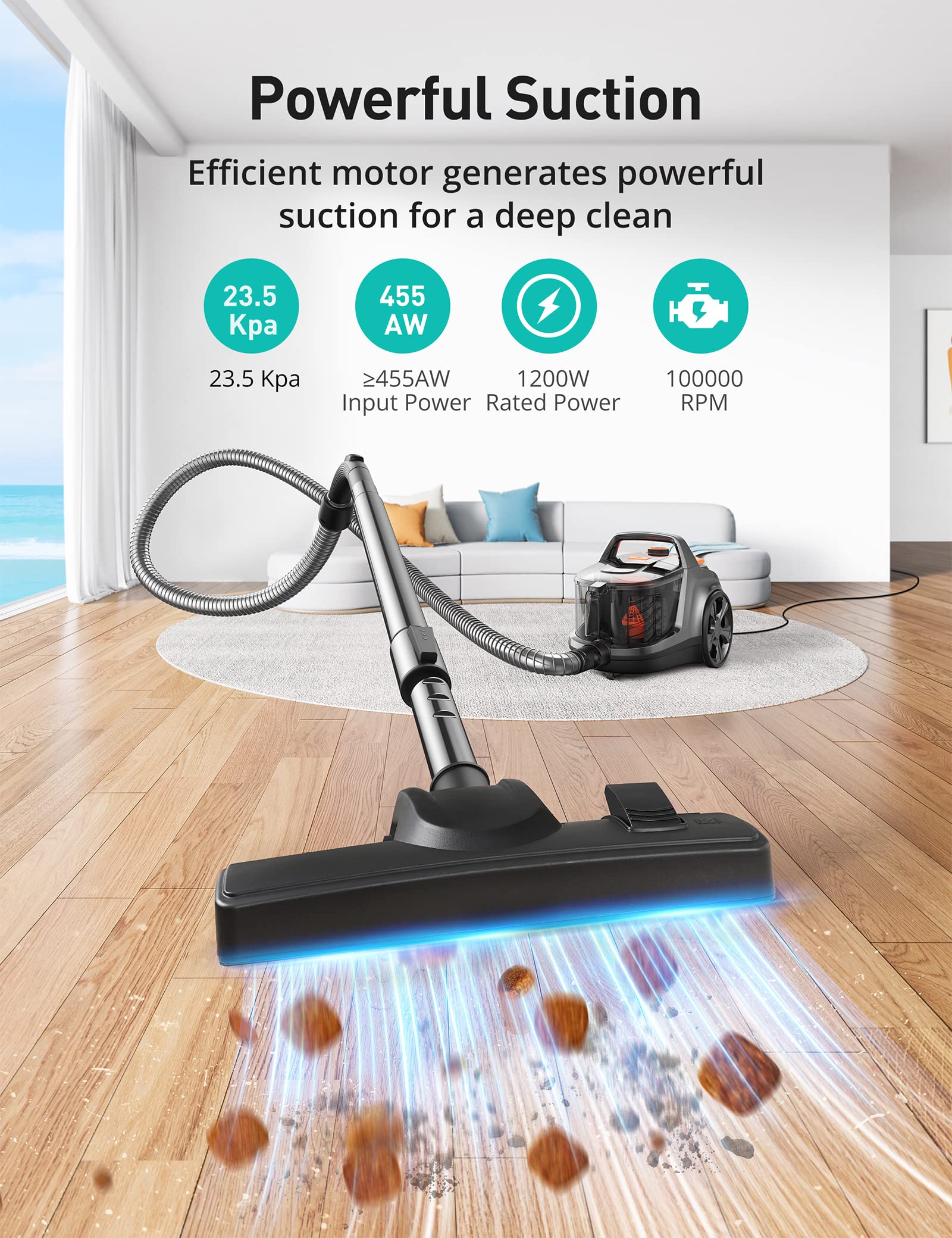 Powerful 24Kpa Aspiron Bagless Canister Vacuum Cleaner - 1200W Lightweight Design, 3.7QT Large Dust Cup, Double HEPA Filtration, Retractable Cord with 5 Attachments for Hard Floors & Carpets (Black) - Ideal for Home Cleaning, Pet Hair Removal & Allergy Relief