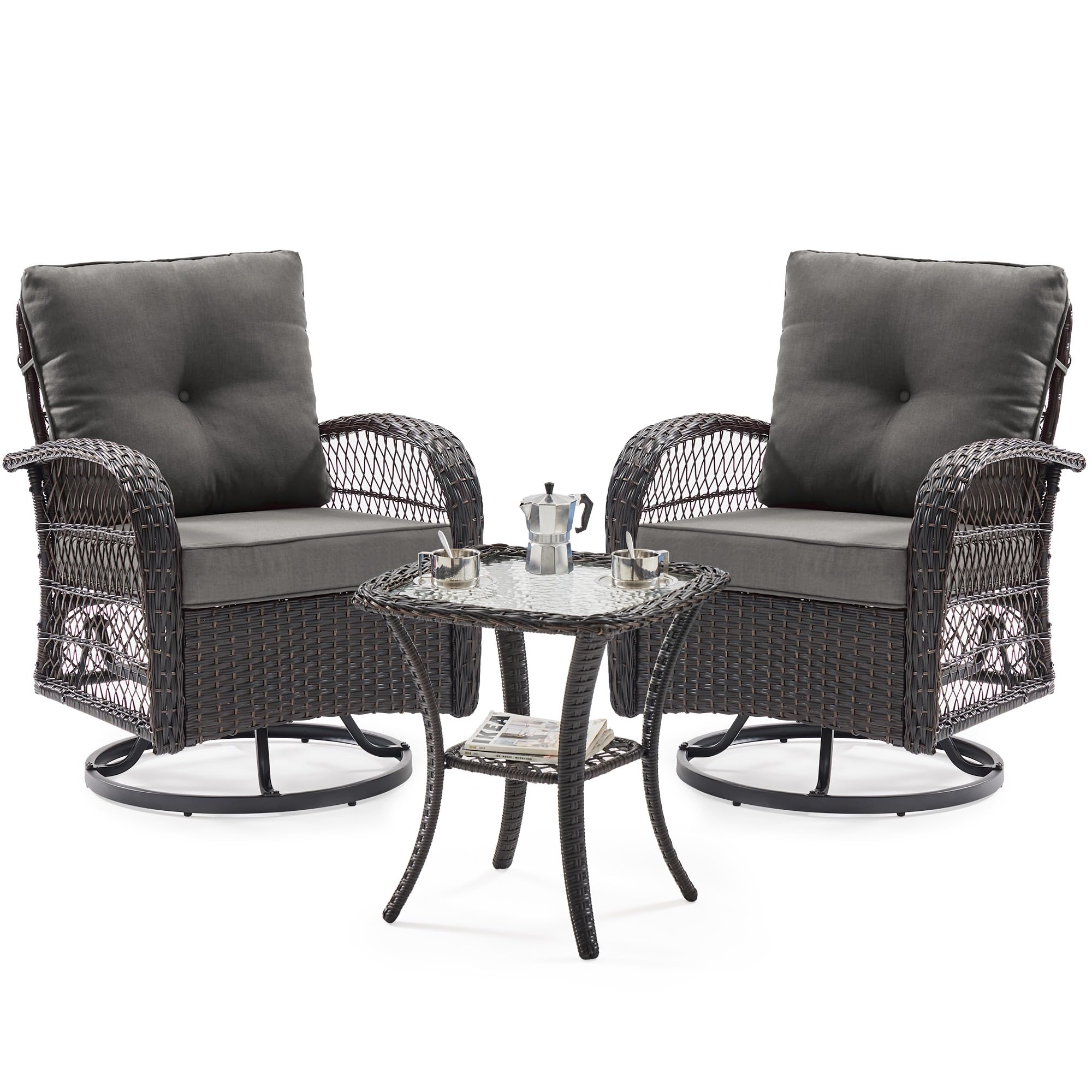 UDPATIO 3-Piece Outdoor Patio Furniture Set - 2 Swivel Rocking Chairs with Thick Cushions & Glass Coffee Table - All-Weather Wicker Glider Chairs for Porch, Deck, Backyard, Garden (Grey) | Perfect for Relaxing, Entertaining & Outdoor Lounging