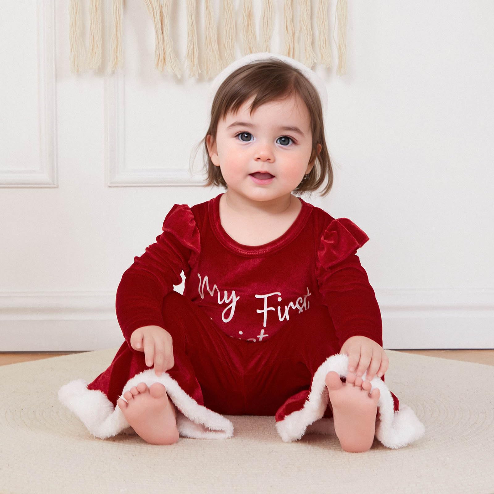 Adorable Toddler Baby Girl Christmas Outfits - Letter Print Ruffle Long Sleeve Romper & Flare Pants Set | Newborn Fall Winter Holiday Clothes for Parties & Family Photos