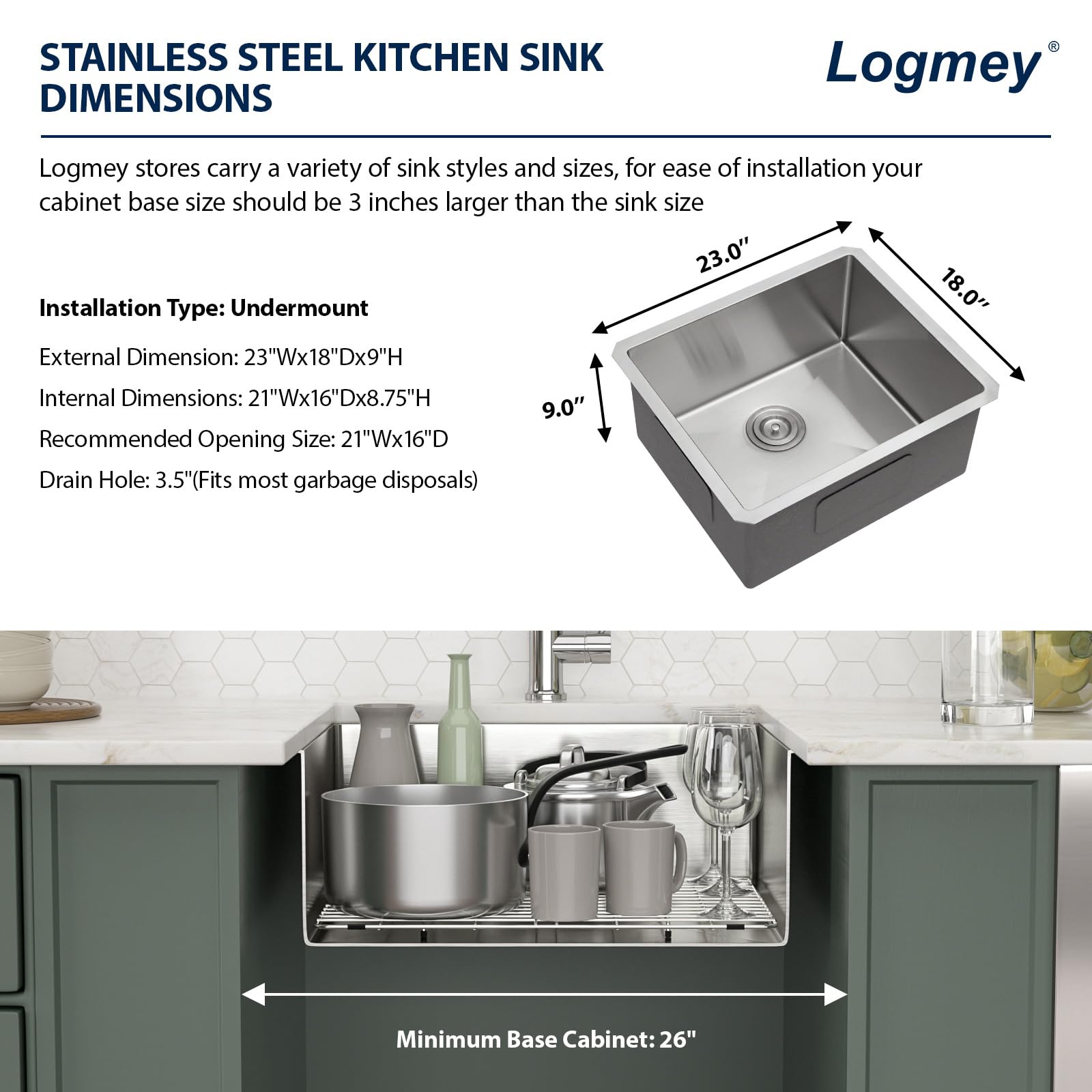 Logmey 23 Inch Undermount Stainless Steel Kitchen Sink - Handmade Single Bowl Bar Prep Sink 16 Gauge (23x18x9 Inches) for Modern Kitchens & Commercial Bars