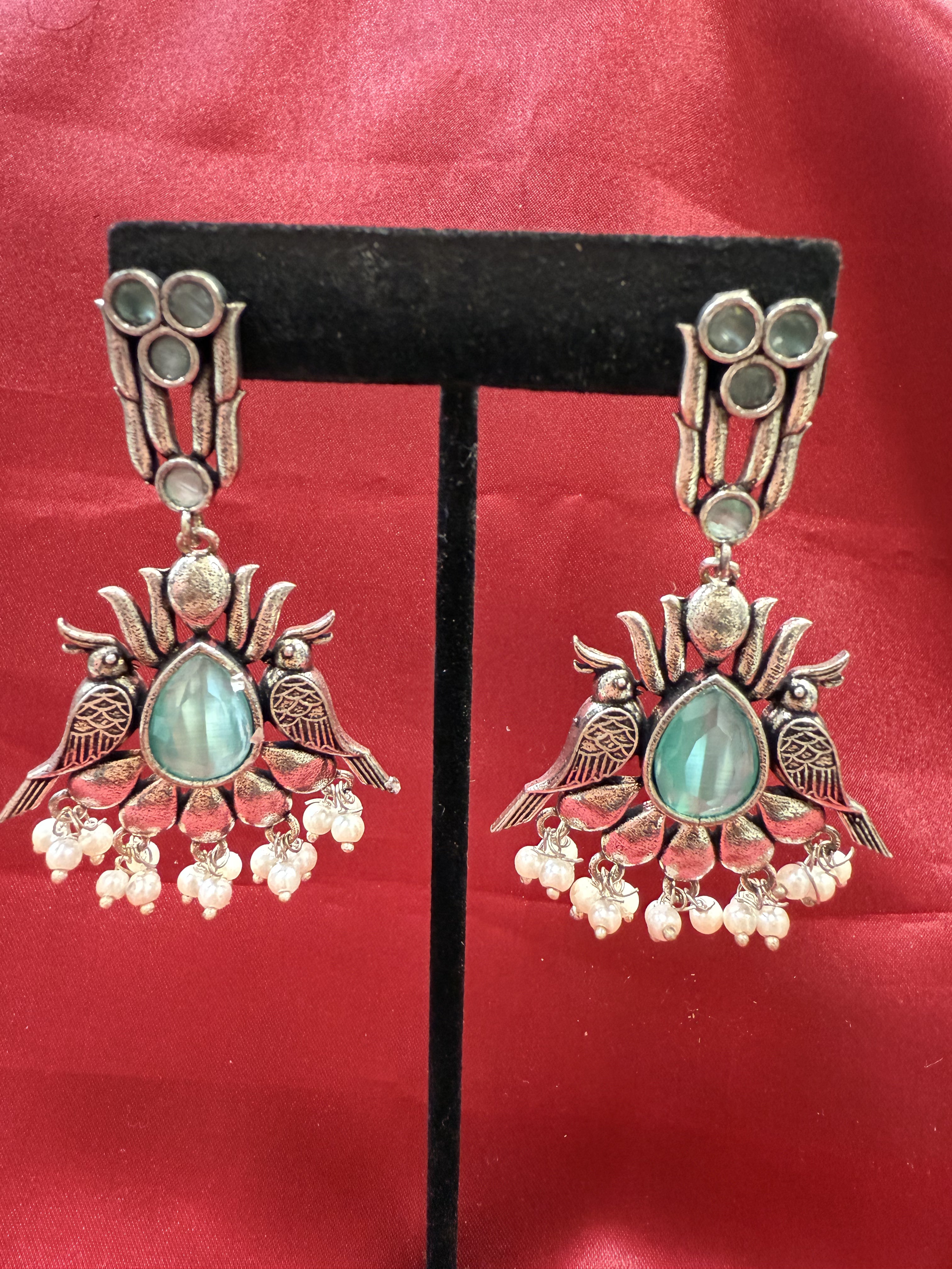 Elegant Light Green Oxidized Beaded Bird Earrings for Women - Boho Chic Jewelry for Parties, Weddings & Everyday Wear