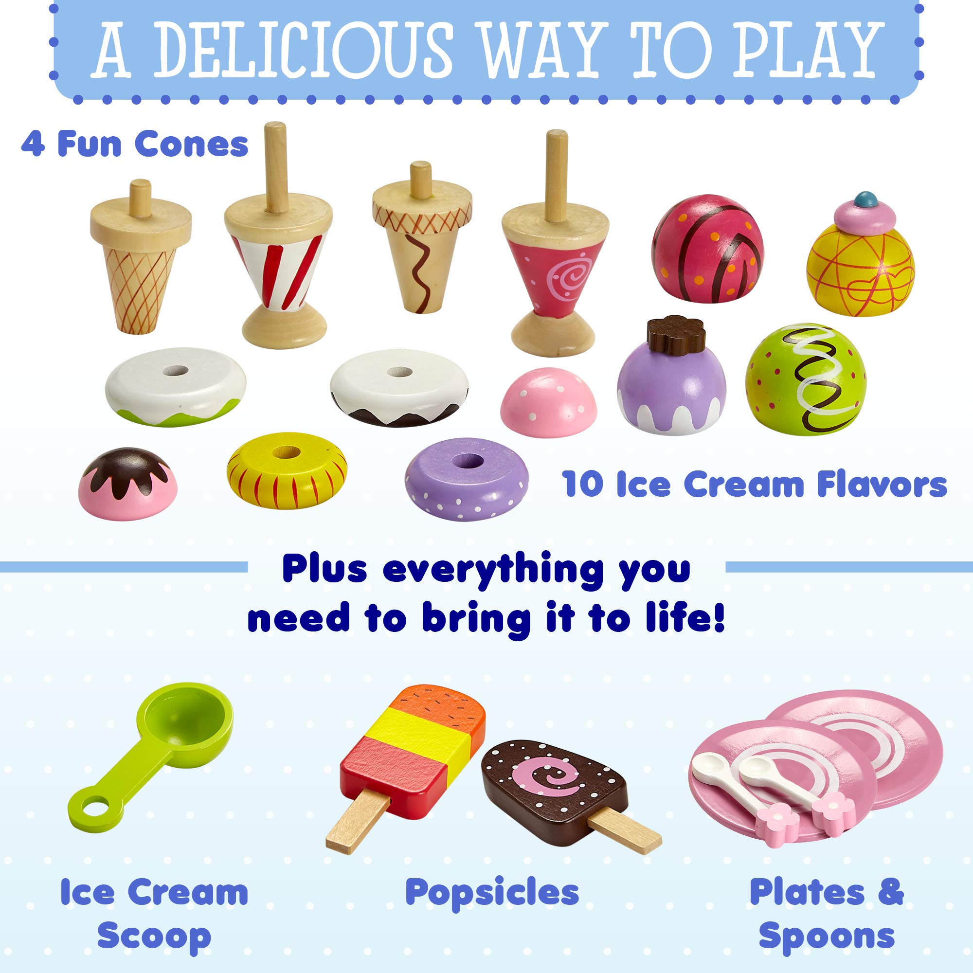 Wooden Ice Cream Play Set - Pretend Ice Cream Toys for Kids | Montessori Learning Toy for Toddlers | Perfect for Role Play, Birthday Gifts & Preschool Education