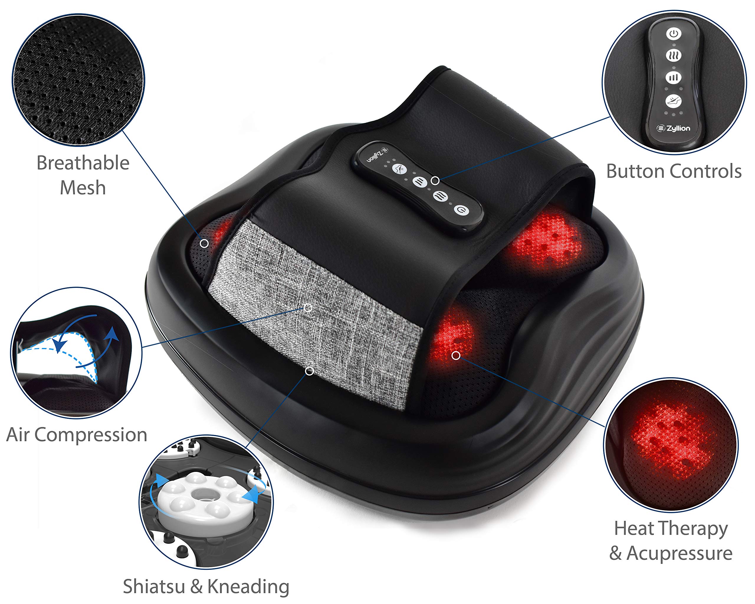Zyllion Shiatsu Foot Massager with Heat - Deep Tissue Kneading & Air Compression for Plantar Fasciitis Relief - Fits Up to Size 13 - Black (ZMA-31-BK) - Perfect for Home Relaxation & Foot Pain Relief After Workouts