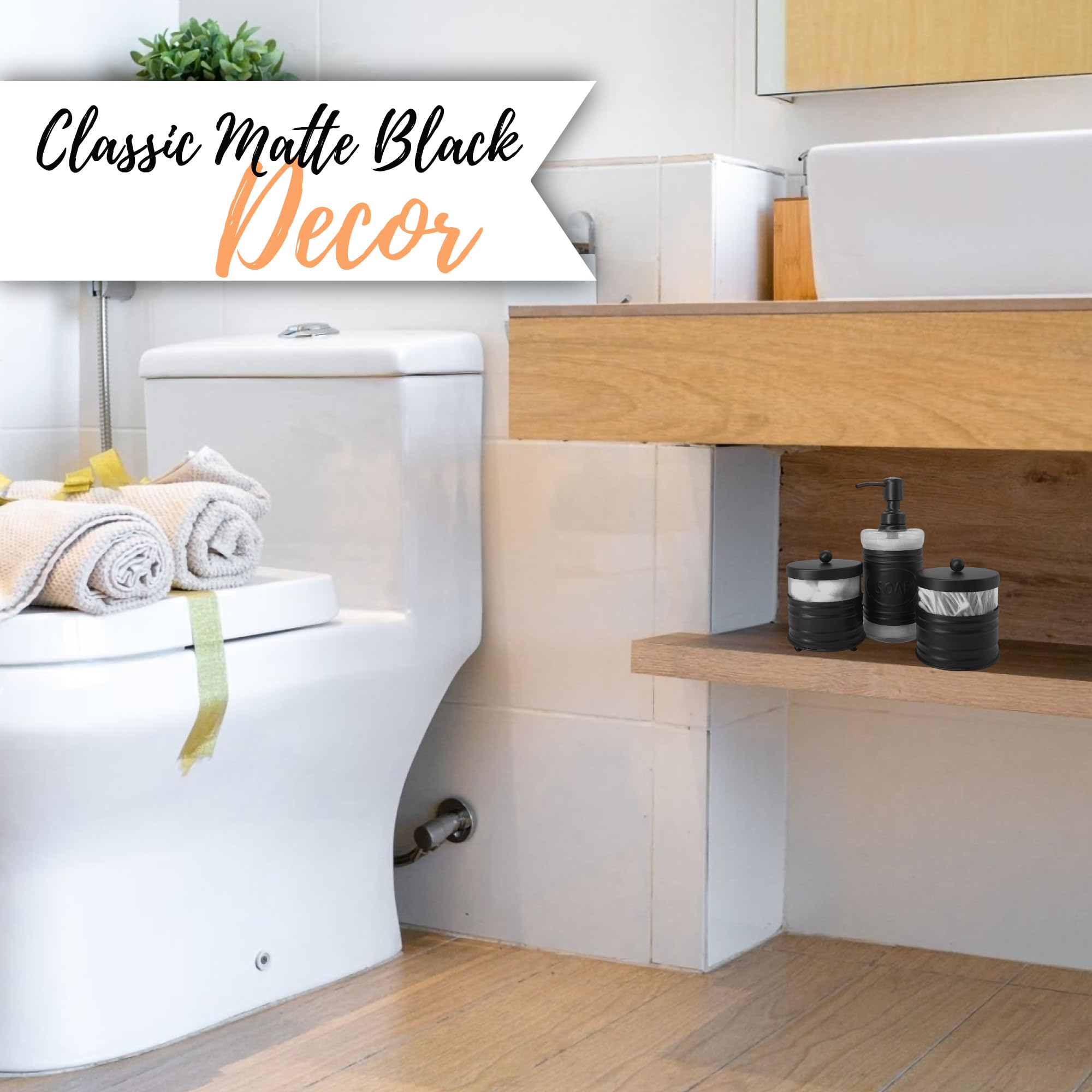 Modern Farmhouse Bathroom Accessory Set - 3-Piece Matte Black Soap Dispenser, Cotton Ball Holder & Q-Tip Organizer for Vanity - Rustic Bathroom Decor for Sink Countertop, Guest Bath & Farmhouse Style Homes