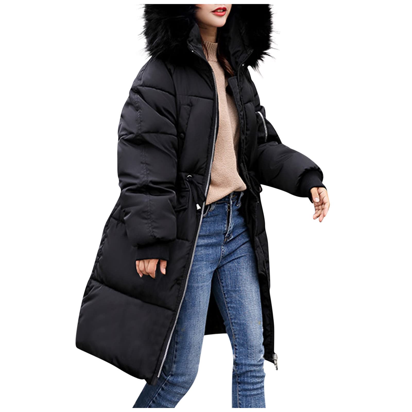 Women's Faux-Fur Hooded Long Coat with Drawstring Waist - Plus Size Winter Padded Jacket for Casual Outings & Cold Weather Fashion