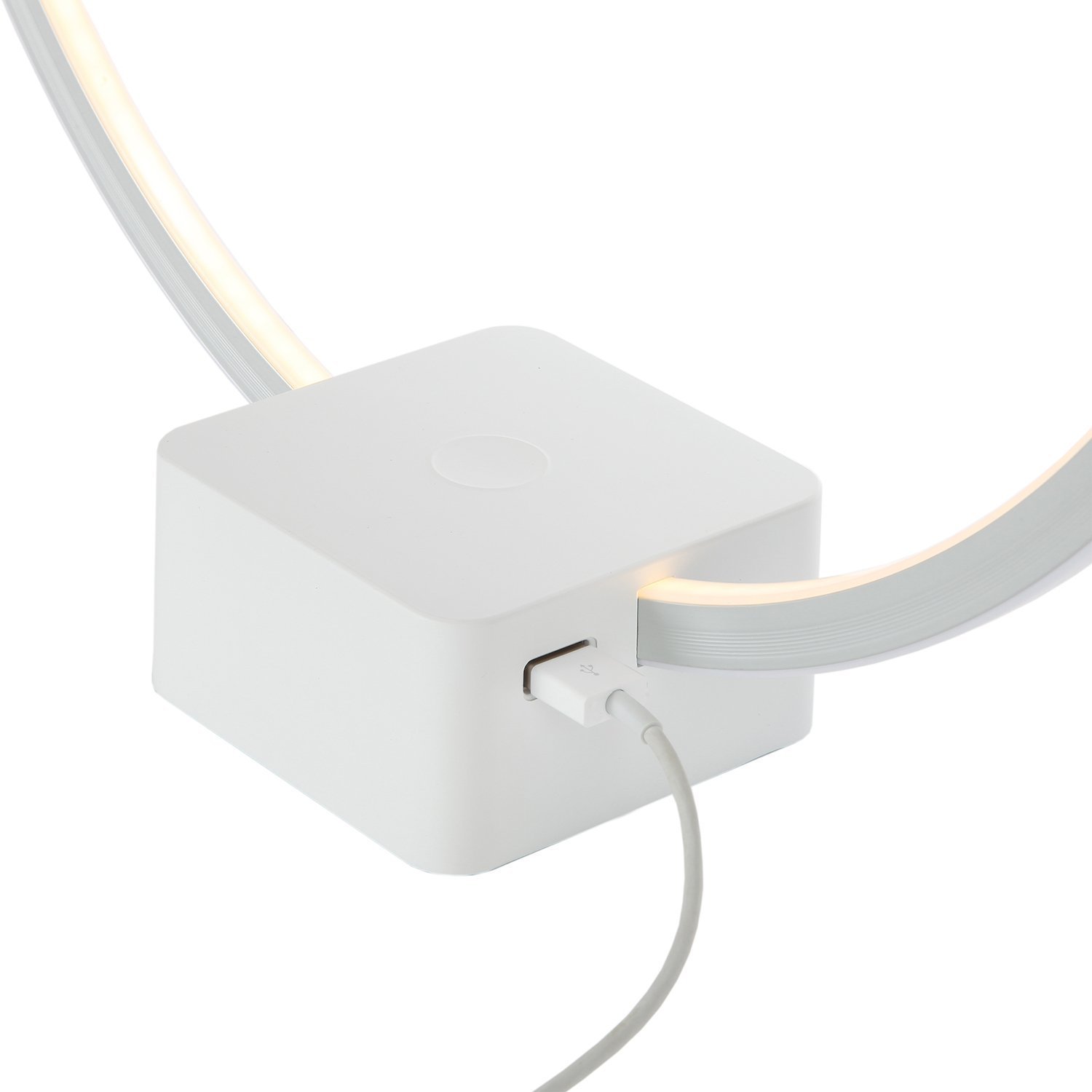 Brightech Circle LED Nightstand Lamp with USB Port - Compact Modern Bedside Lamp for Bedroom, Living Room & Office - Adjustable Desk Lamp for Nightstand, Side Table & Workspace - White - Perfect for Reading, Working & Ambient Lighting