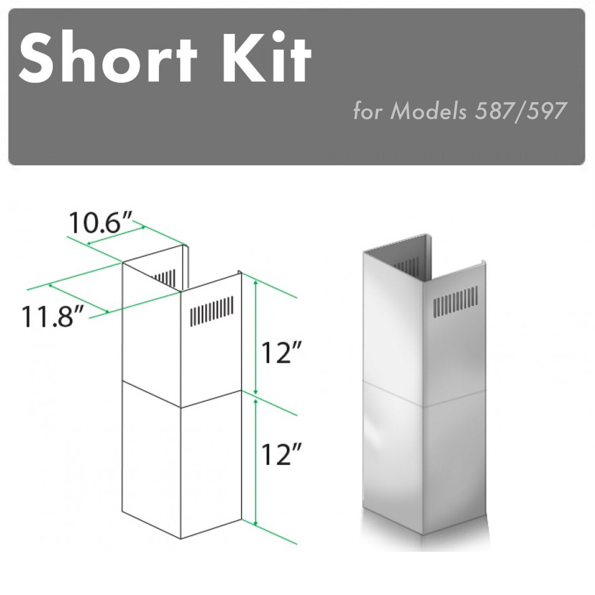 ZLINE 2-Piece 12-Inch Short Chimney Extension Kit for 7.7 to 8-Foot Ceilings - Compatible with SK 587/597 Range Hoods - Perfect for Kitchen Remodeling and Low Ceiling Installations