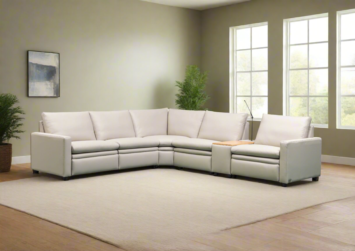 Klaussner Roma 6-Piece Beige Leather Power Reclining Sectional Sofa Set with USB Chargers - Modern Living Room Furniture for Home Theater & Family Gatherings