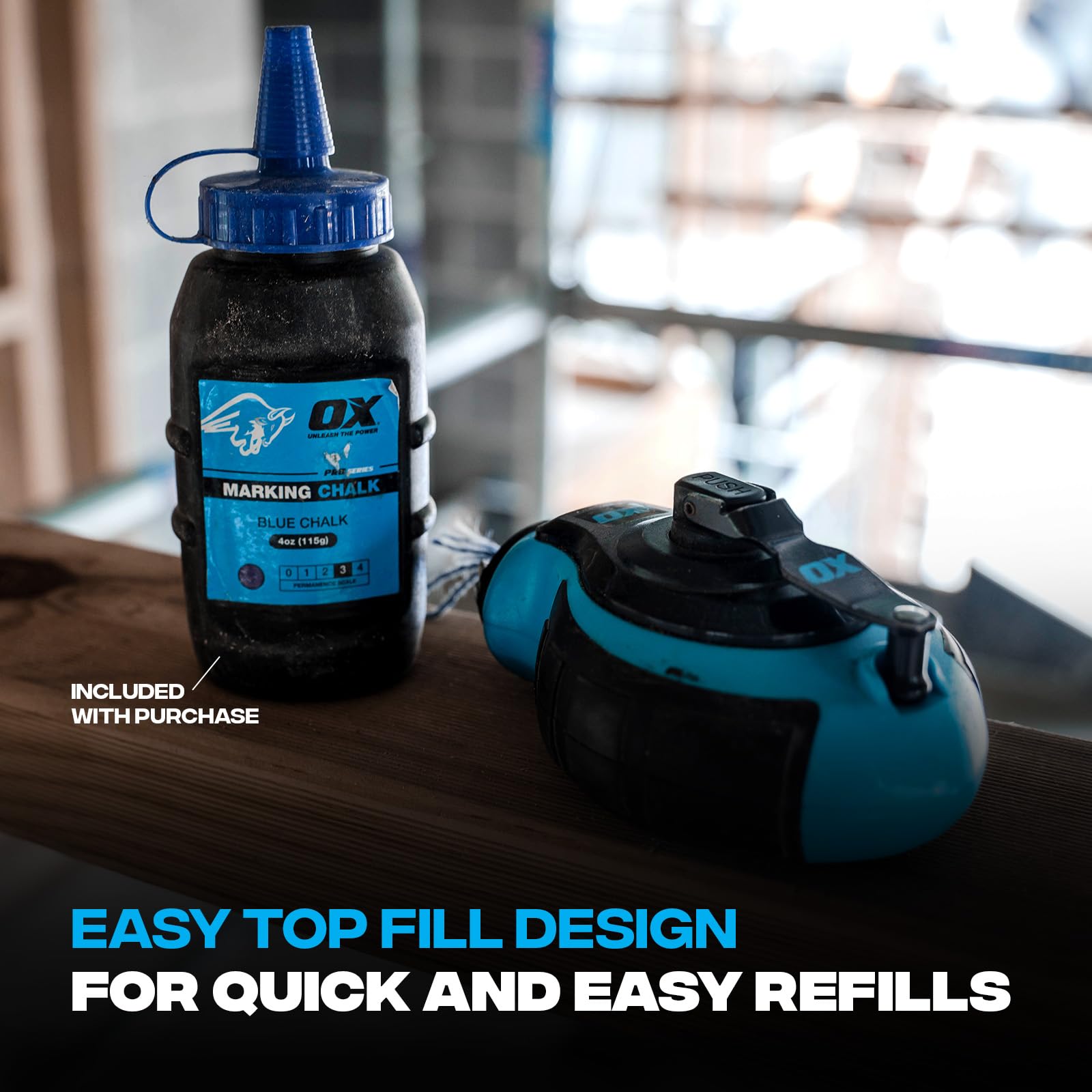 OX Tools Professional Chalk Line Reel & Chalk Powder Combo Pack - 6:1 Gear Ratio, 100ft 8-Strand Durable Chalk Line with Blue Chalk Powder (Model P503502) - Perfect for Construction, Carpentry, Masonry & DIY Projects
