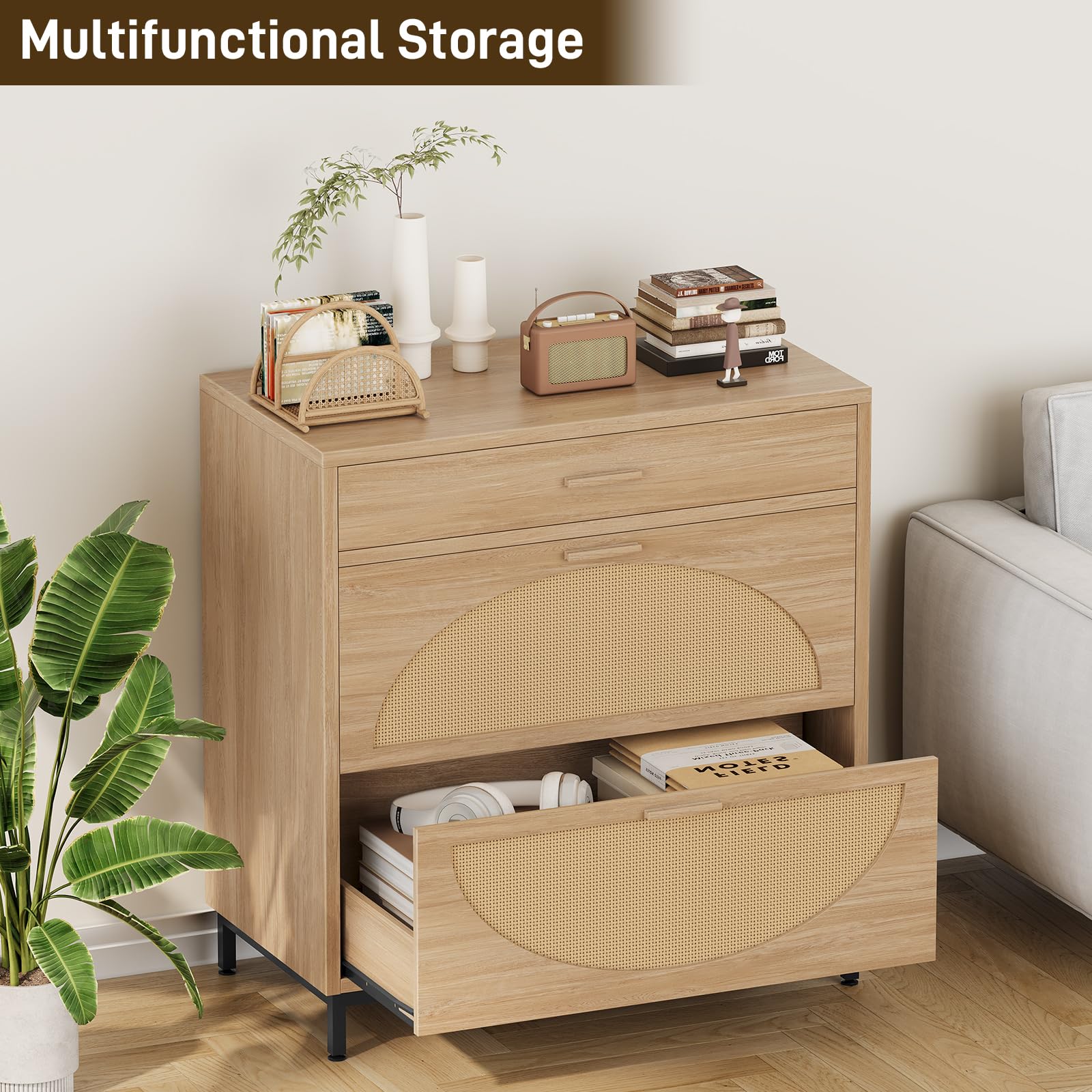 3-Drawer Eco Rattan File Cabinet for Home Office - Letter/Legal/A4 Storage & Printer Stand