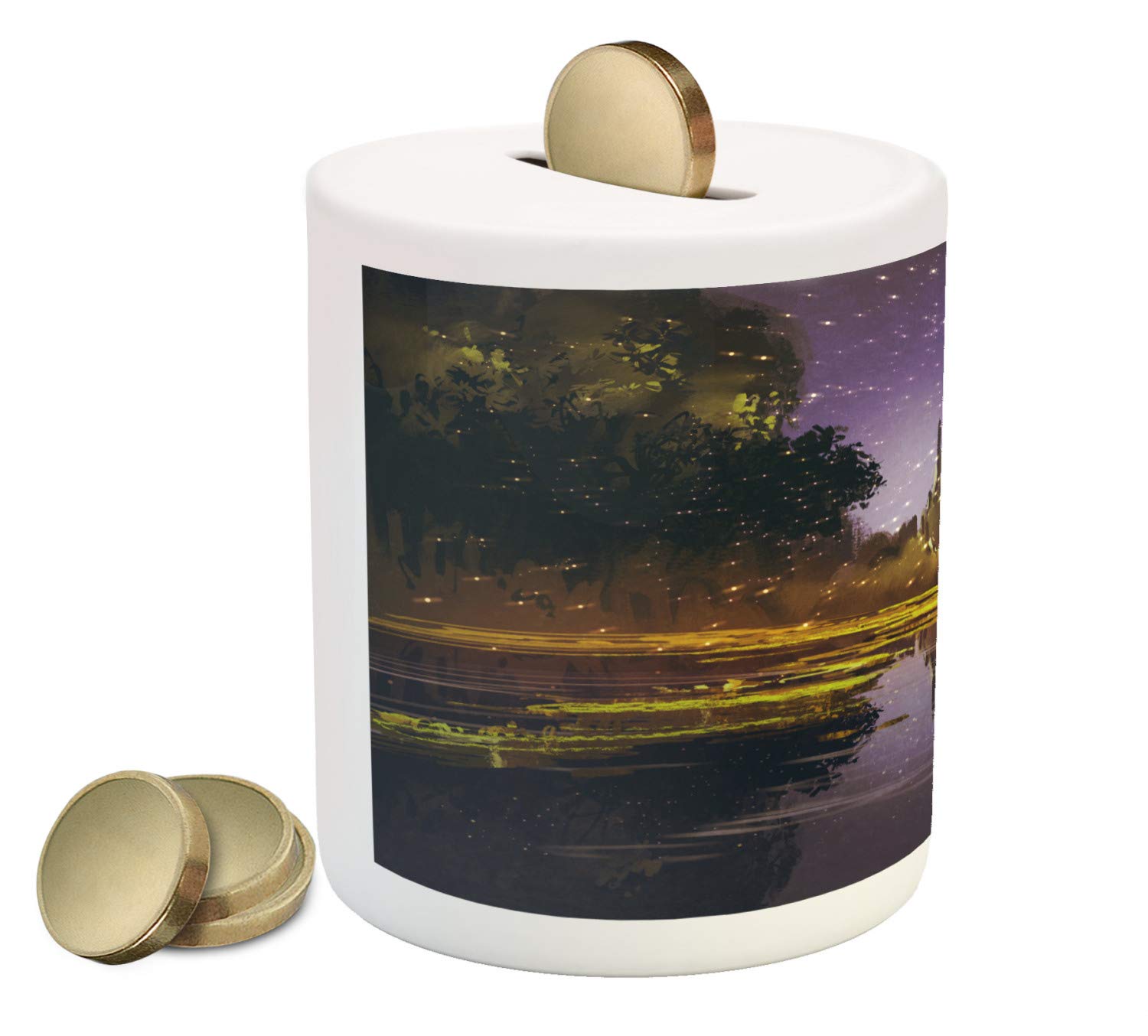 Ambesonne Ceramic Piggy Bank with Idyllic Night Landscape, Stone Fireflies & Forest Trees Swamp Print - 3.6