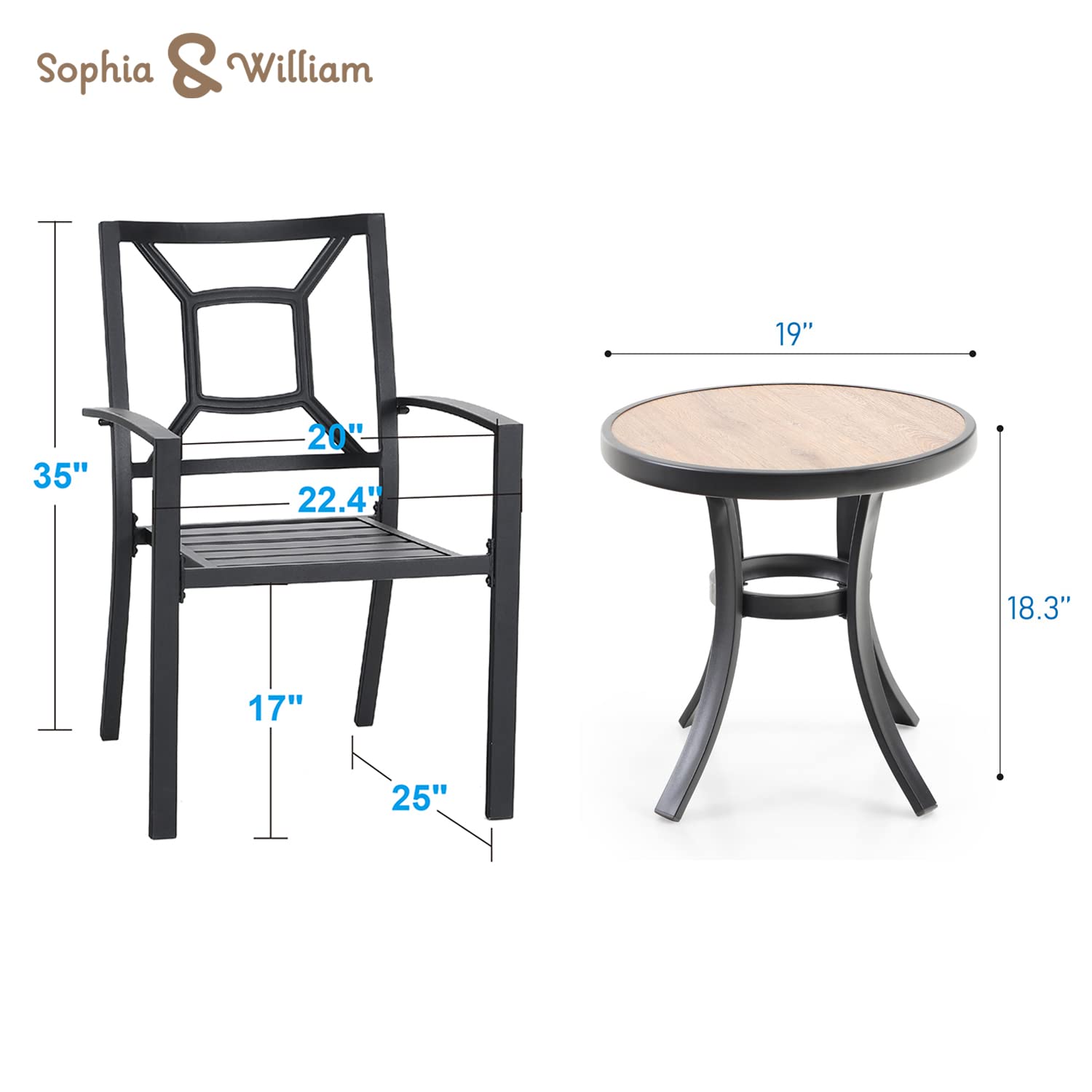 Sophia & William 3-Piece Patio Bistro Set - 2 Stackable Metal Chairs & Round Side Table - Outdoor Furniture for Backyard, Balcony, Garden & Indoor Use - Perfect for Relaxing, Dining & Entertaining