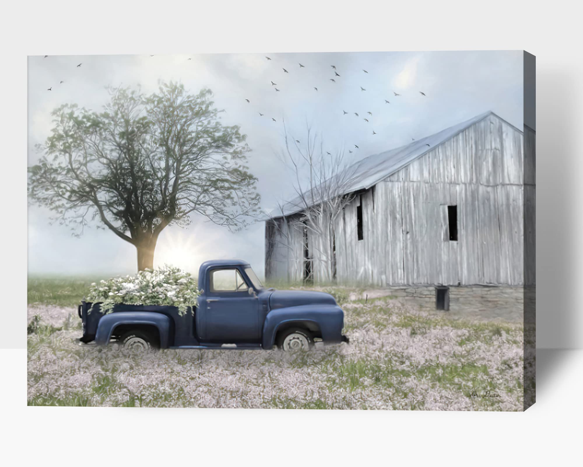 TIMUBA Rustic Farmhouse Wall Art - 28x40 Inch Old Truck with Flowers & Sunset Canvas Painting for Living Room, Bedroom, Office Decor - Country Barn Style Home Décor