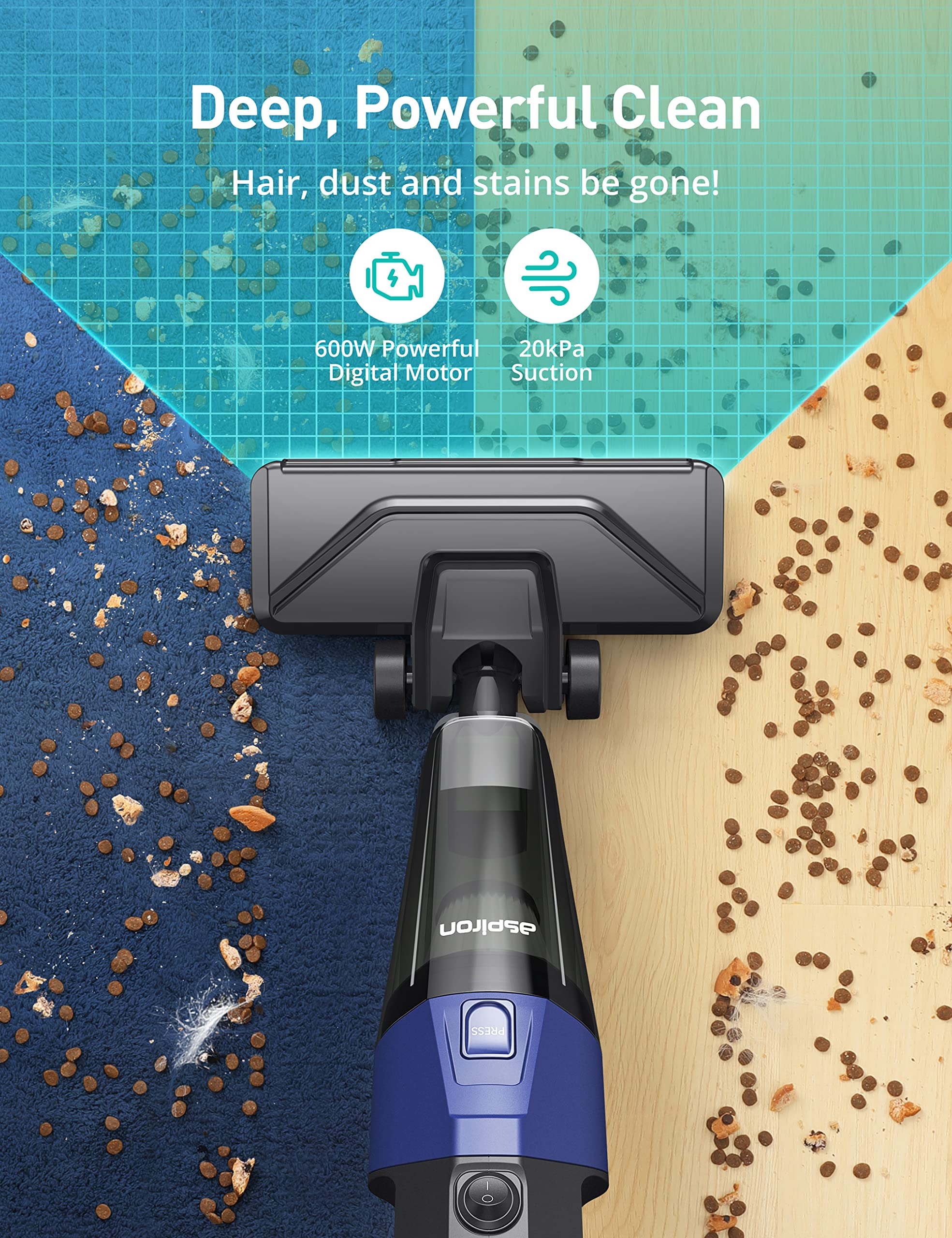 Aspiron Stick Vacuum Cleaner - 20kPa Powerful Suction, 0.88QT Dust Cup & 16ft Cord | 5-in-1 Lightweight Handheld Bagless Vacuum for Carpets, Floors & Pet Hair | Perfect for Home, Car & Stair Cleaning
