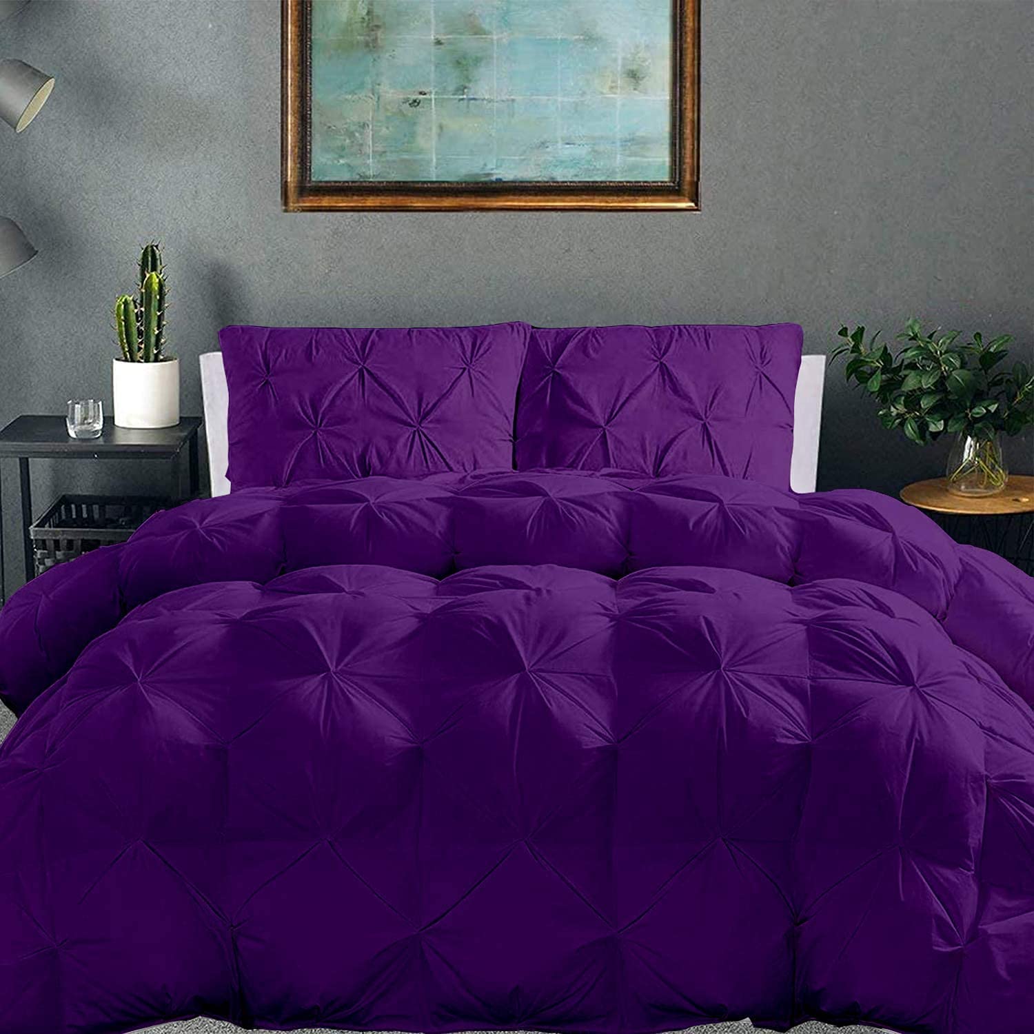 3-Piece Pinch Pleated Comforter Set with 2 Pillow Shams - 500 GSM 100% Natural Cotton Down Alternative, Pintuck Design, Oversized King Size in Purple - Breathable Lightweight Bedding for Master Bedroom & Guest Room