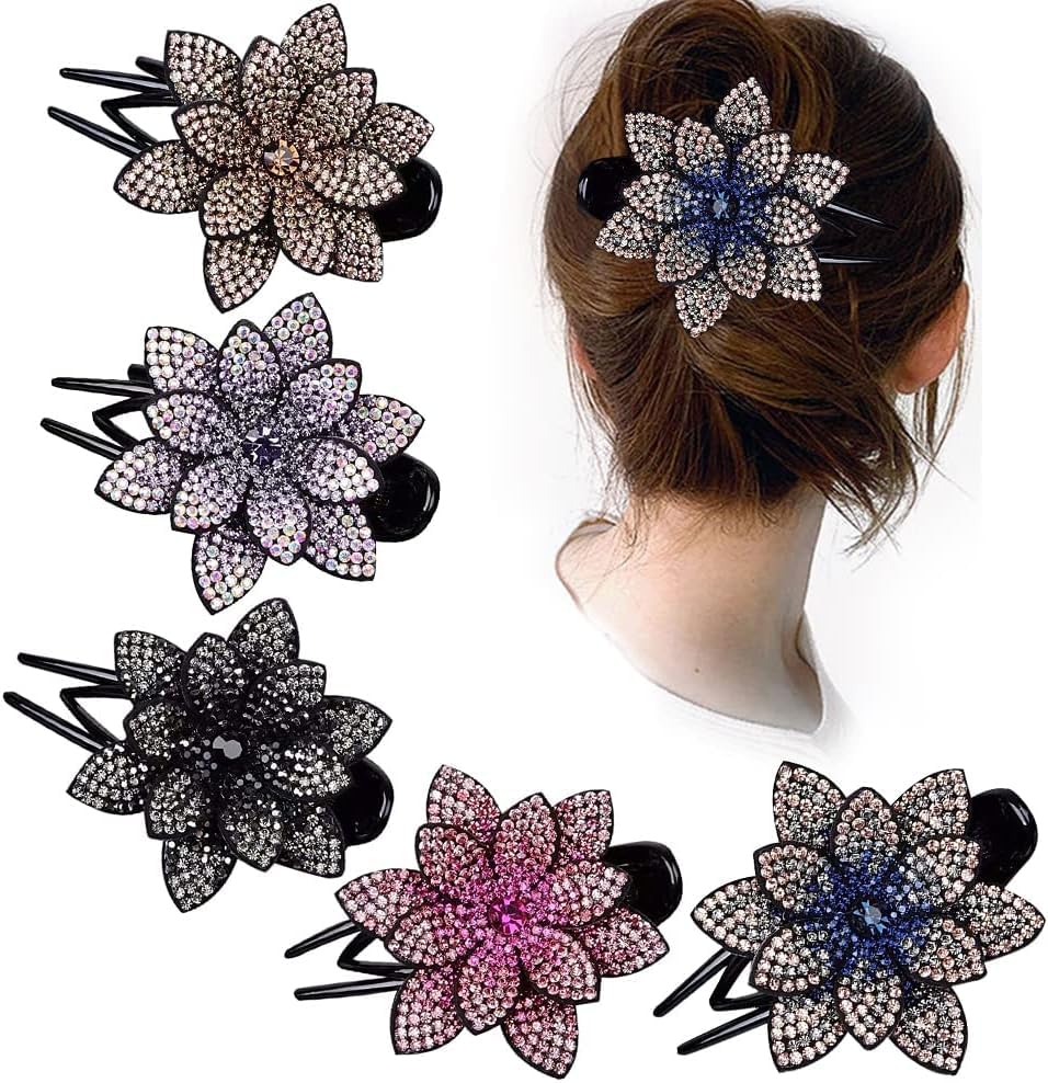 Luxury Rhinestone Flower Hair Clips for Women - Sparkly Crystal Hair Claws & Barrettes for Thick Long Hair - Korean Hair Accessories for Girls & Women - Perfect for Weddings, Parties & Everyday Glam