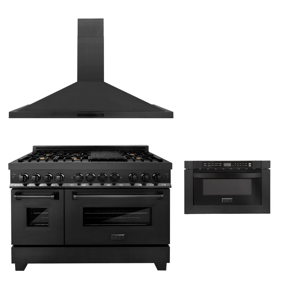 ZLINE 48-Inch Black Stainless Steel Dual Fuel Range Kitchen Package with Convertible Range Hood & Microwave Drawer (3KP RABRH48 MW) - Perfect for Modern Kitchens, Home Renovations & Professional Chefs