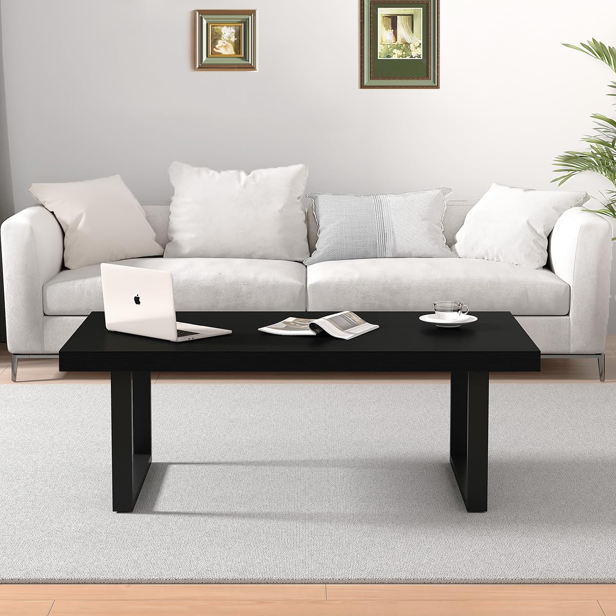 IBF Black Coffee Table - Minimalist Industrial Wooden Center Table for Living Room, Modern Rectangle Farmhouse Cocktail Table with Metal Frame, Home Office Bedroom Furniture, Black Oak Finish, 39 Inch - Perfect for Small Spaces, Apartments & Cozy Gatherings