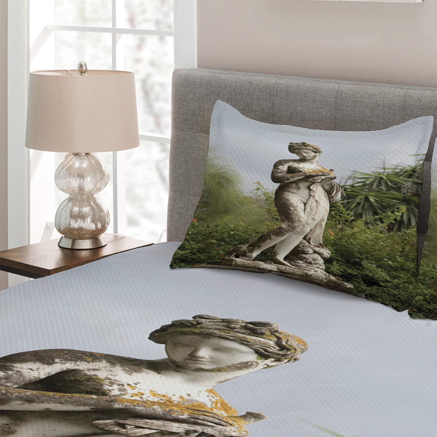 Ambesonne Architecture Quilt Set - Sculptured Greenery at Achillion Palace Corfu Island Design, 3-Piece King Size Bedspread with 2 Pillow Shams, Green Beige - Perfect for Master Bedroom Decor, Guest Room Makeover & Mediterranean Style Home Interiors