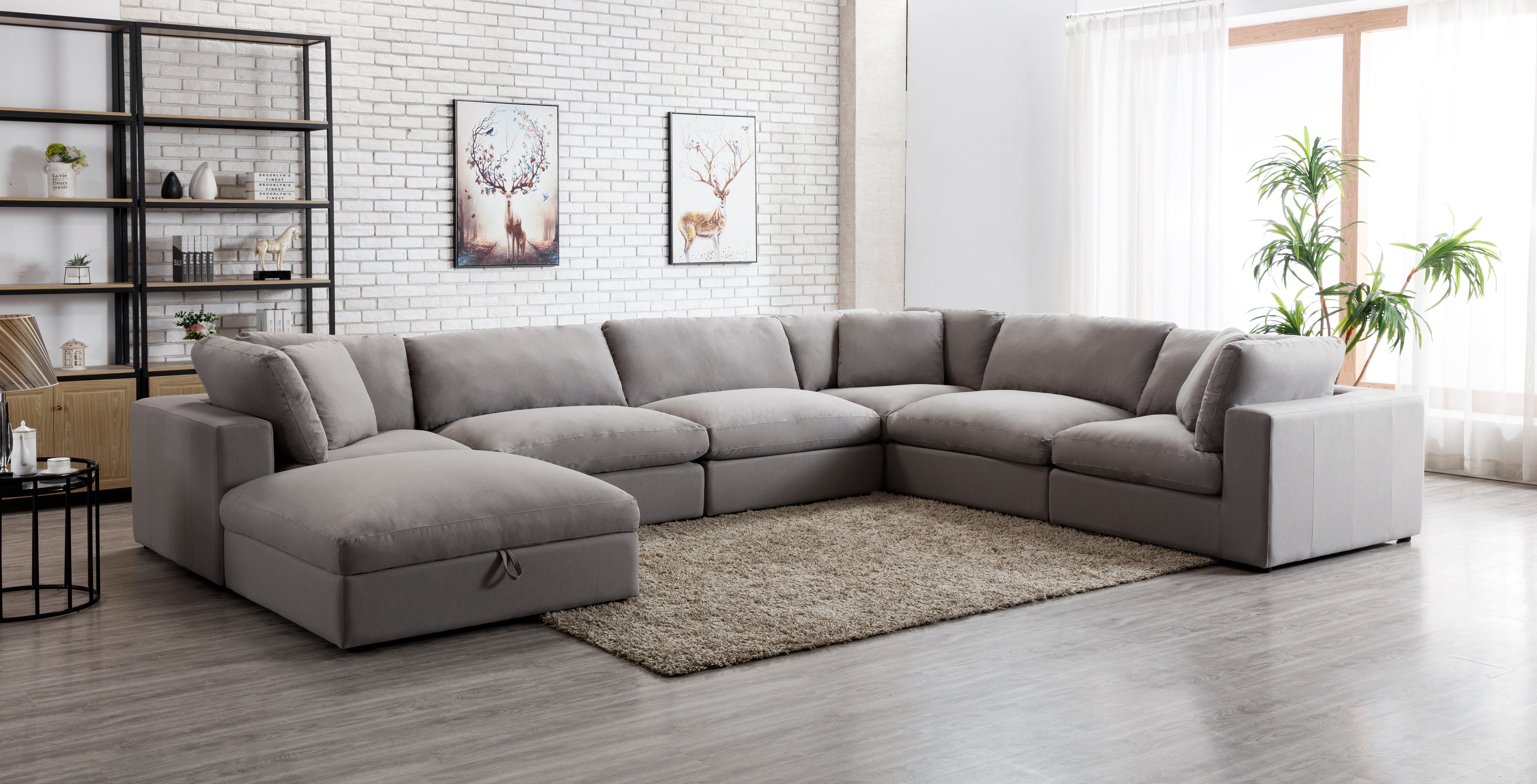 Rivas Contemporary Feather Fill 7-Piece Modular Sectional Sofa with Ottoman in Graphite - Perfect for Living Room, Lounge & Family Gatherings