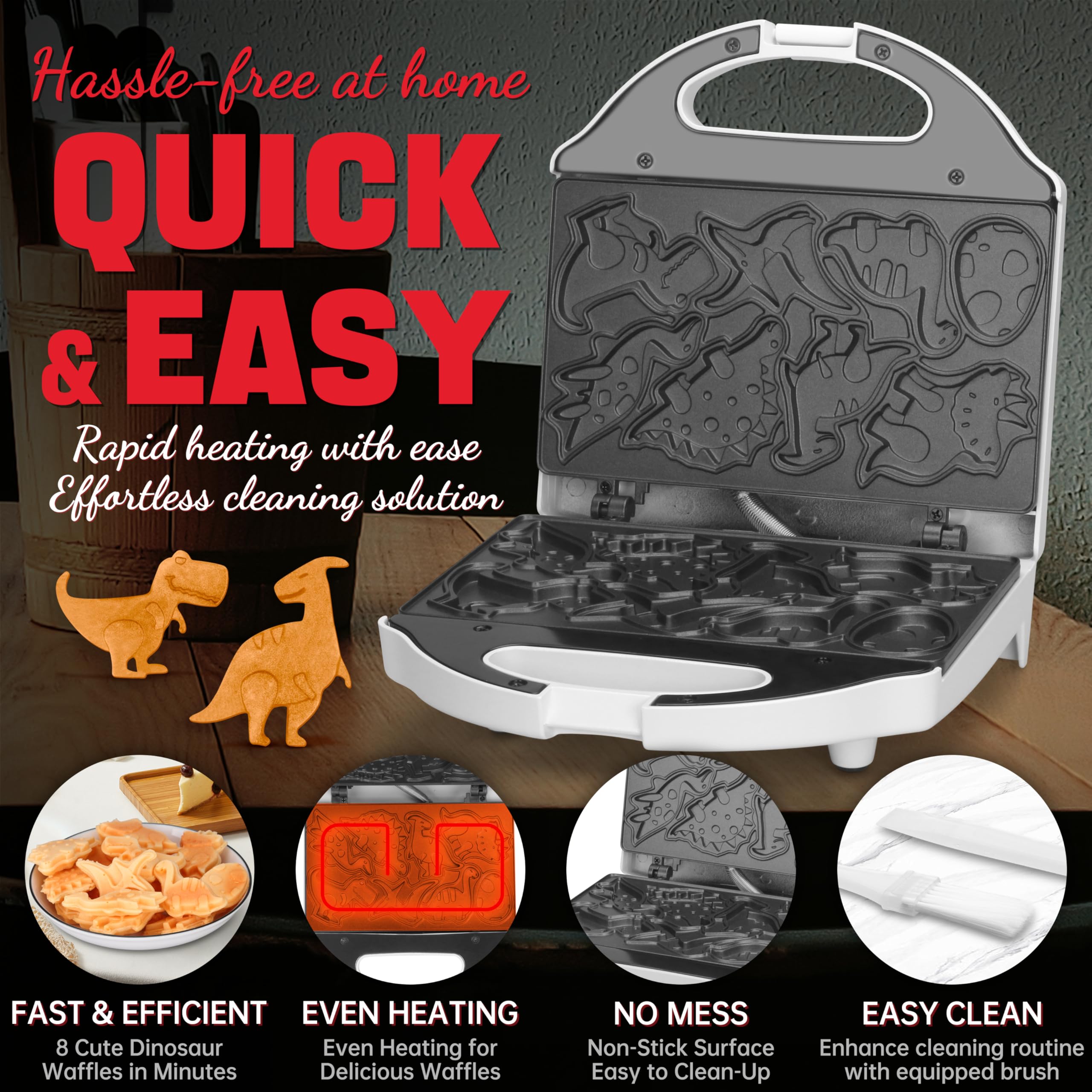 Dinosaur Mini Waffle Maker for Kids - Electric Non-Stick Waffle Iron with 8 Dino Shapes | Quick & Easy Mini Pancake Maker Machine | Perfect for Halloween Breakfast, Birthday Parties & Family Fun