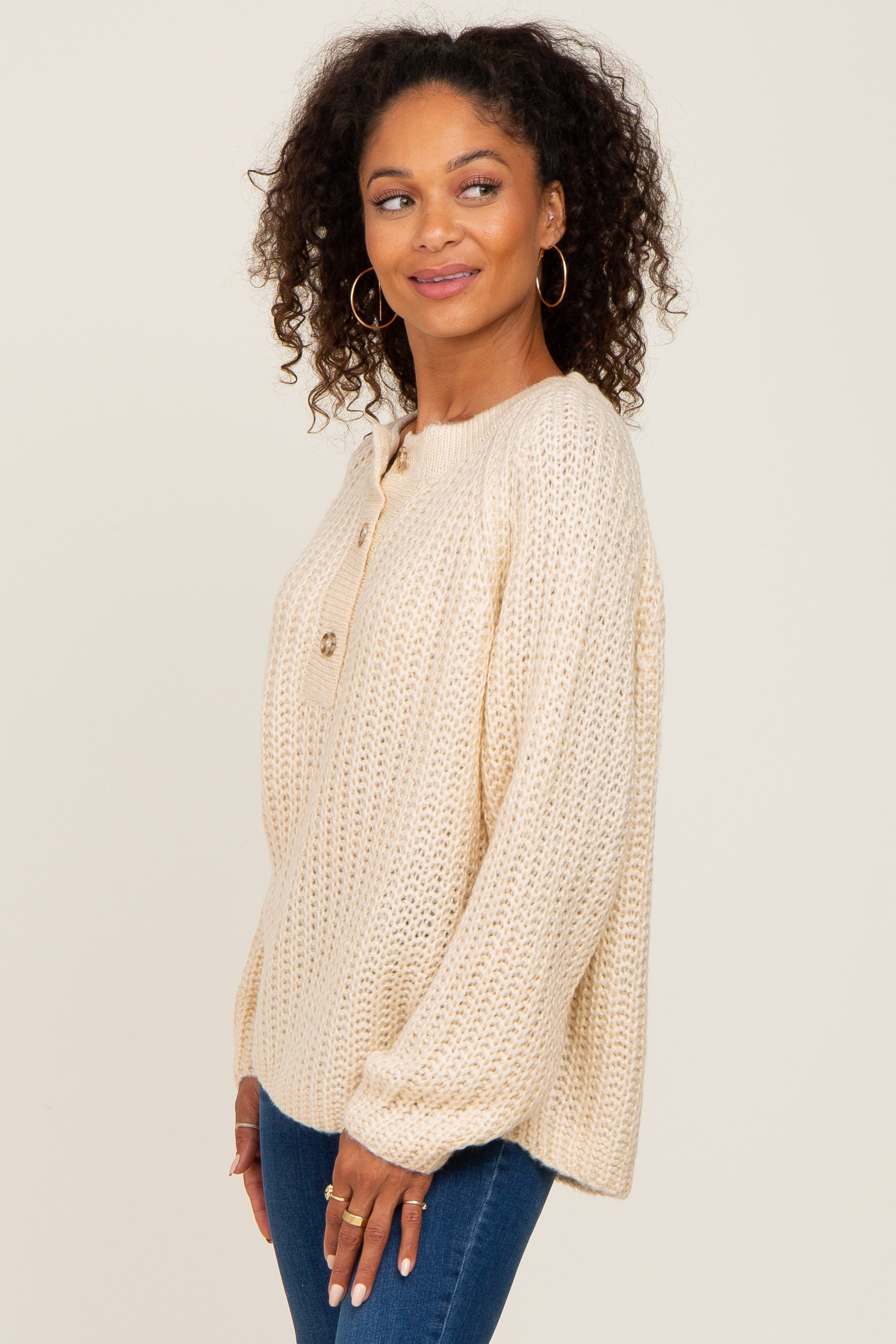Beige Open Knit Button Front Cardigan Sweater for Women - Cozy Lightweight Pullover for Fall & Winter - Perfect for Office, Date Night and Casual Outings