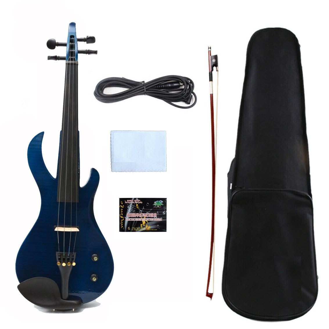 **4/4 Full Size Electric Violin - Solid Wood Ebony Body with Bird Head Tiger Flame Pattern & Big Jack | Includes Violin Case & Bow | Perfect for Beginners, Performances & Studio Recording**    *(Note: 