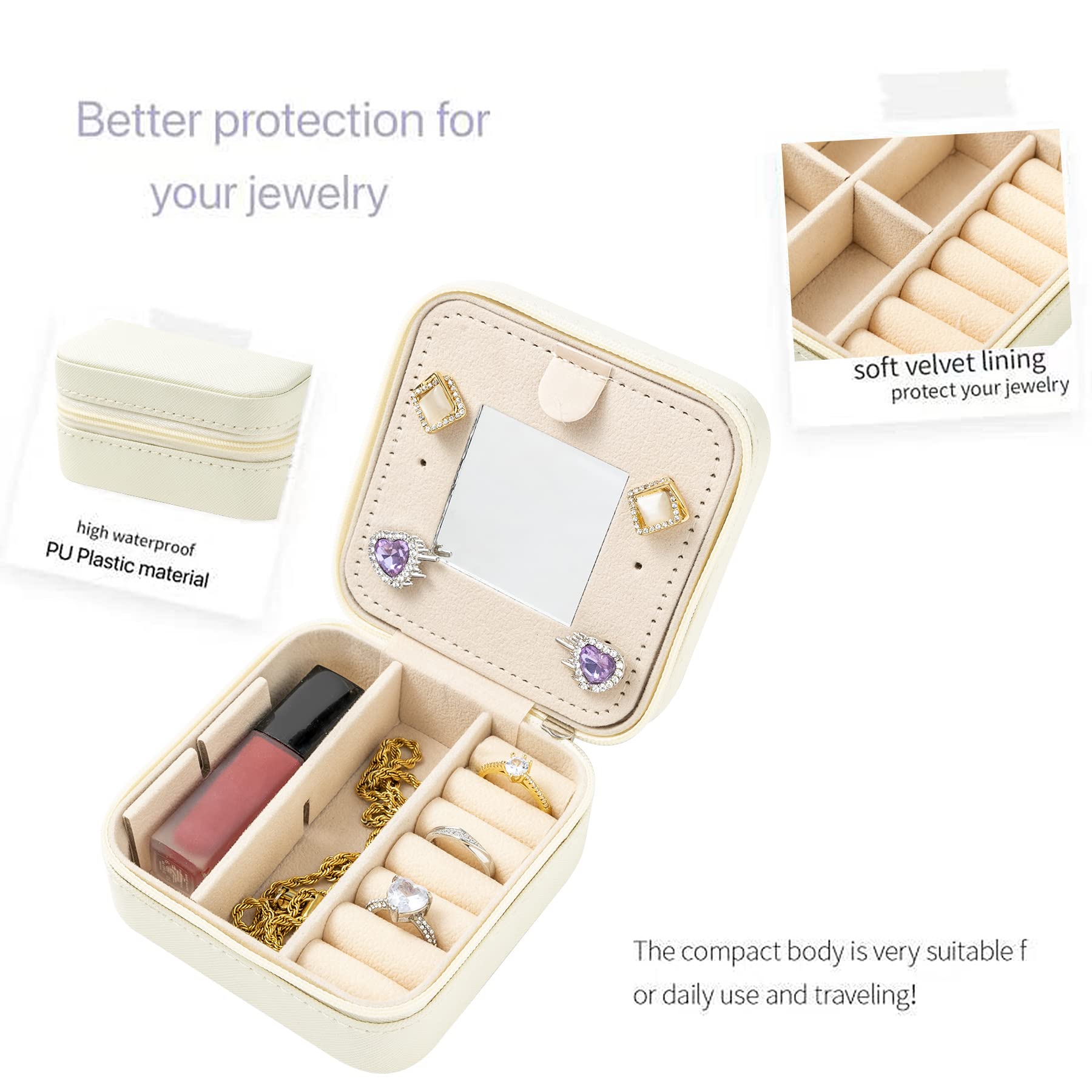 KElofoN Travel Jewelry Organizer Box for Women - Portable Jewelry Case with Mirror, Compact Jewelry Storage for Necklaces, Rings & Earrings (White) - Perfect for Vacation, Business Trips & Daily Use