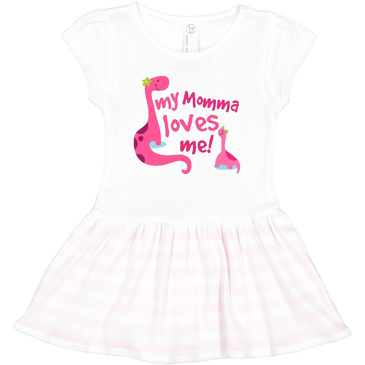 Inktastic Momma Loves Me Girl Dinosaur Toddler Dress - Cute Dino Print Outfit for Baby Girls, Soft Cotton Play Dress for Toddler 1-3 Years - Perfect for Playdates, Daycare & Family Photos