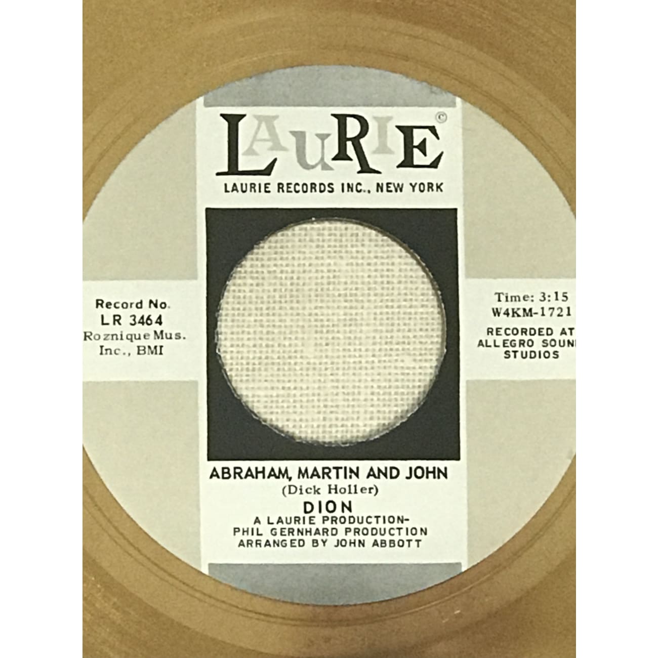 Dion Abraham, Martin & John White Matte RIAA Gold 45 Award - Rare Collectible Music Memorabilia for Display & Investment