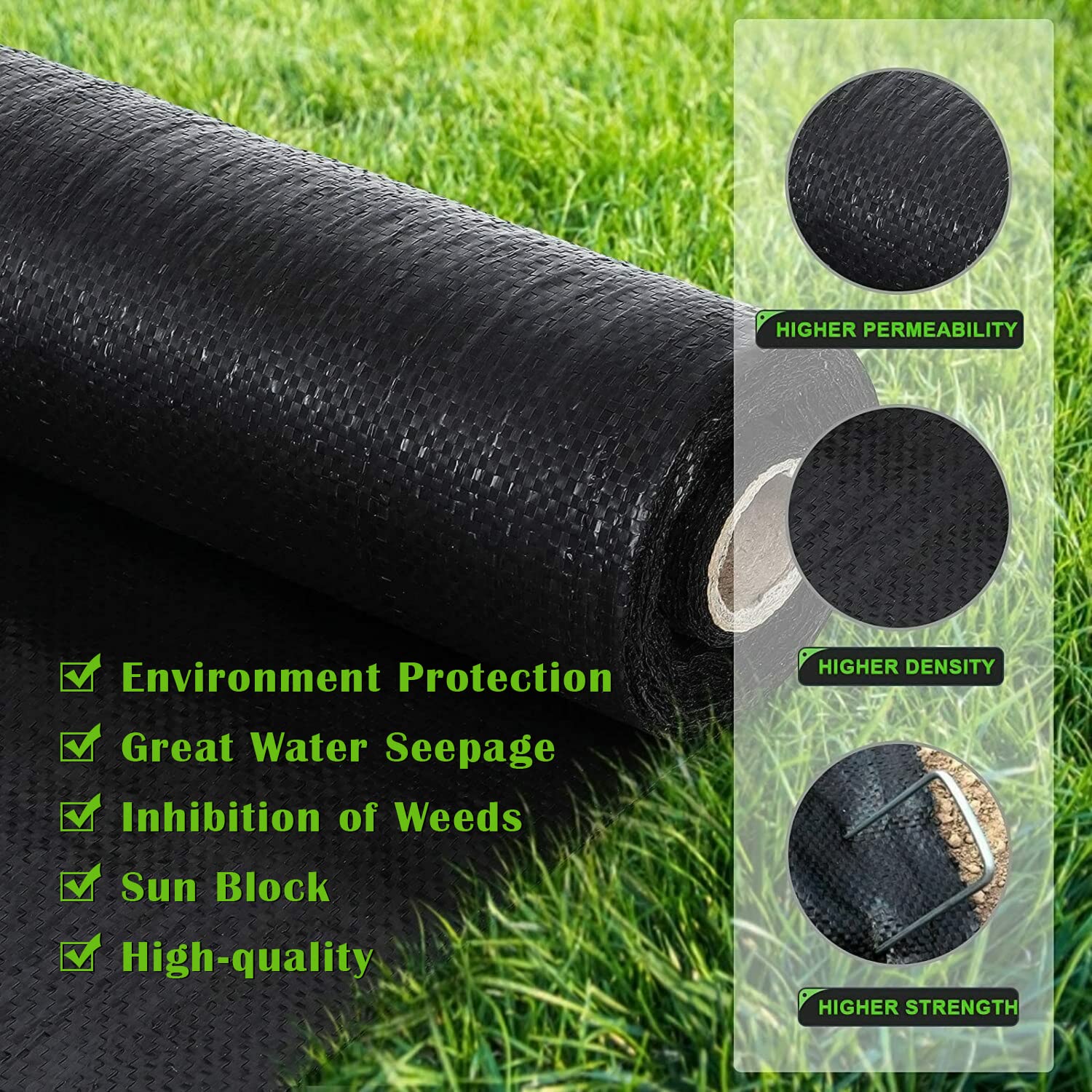 YUEWO 3.2Oz Premium Weed Barrier Landscape Fabric - Heavy Duty Durable Ground Cover, Garden Cloth Weed Block Mat for Gardening & Landscaping (Multiple Sizes, Black) - Perfect for Vegetable Gardens, Flower Beds & Yard Projects