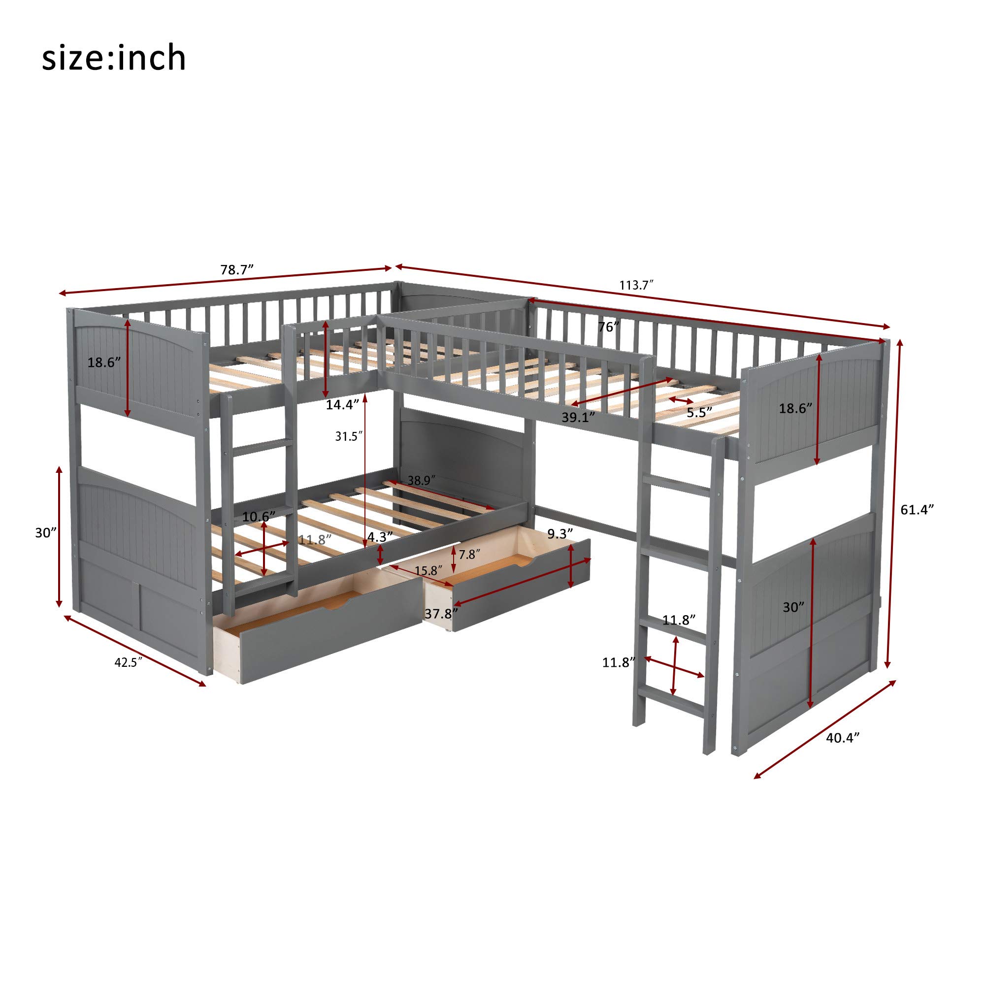 KLMM L-Shaped Twin Over Twin Bunk Bed with Loft - Space-Saving Corner Bunk Bed Frame for Kids, Teens & Adults - Includes 2 Drawers & 2 Ladders - Gray Finish - Perfect for Small Bedrooms, Guest Rooms & Vacation Homes