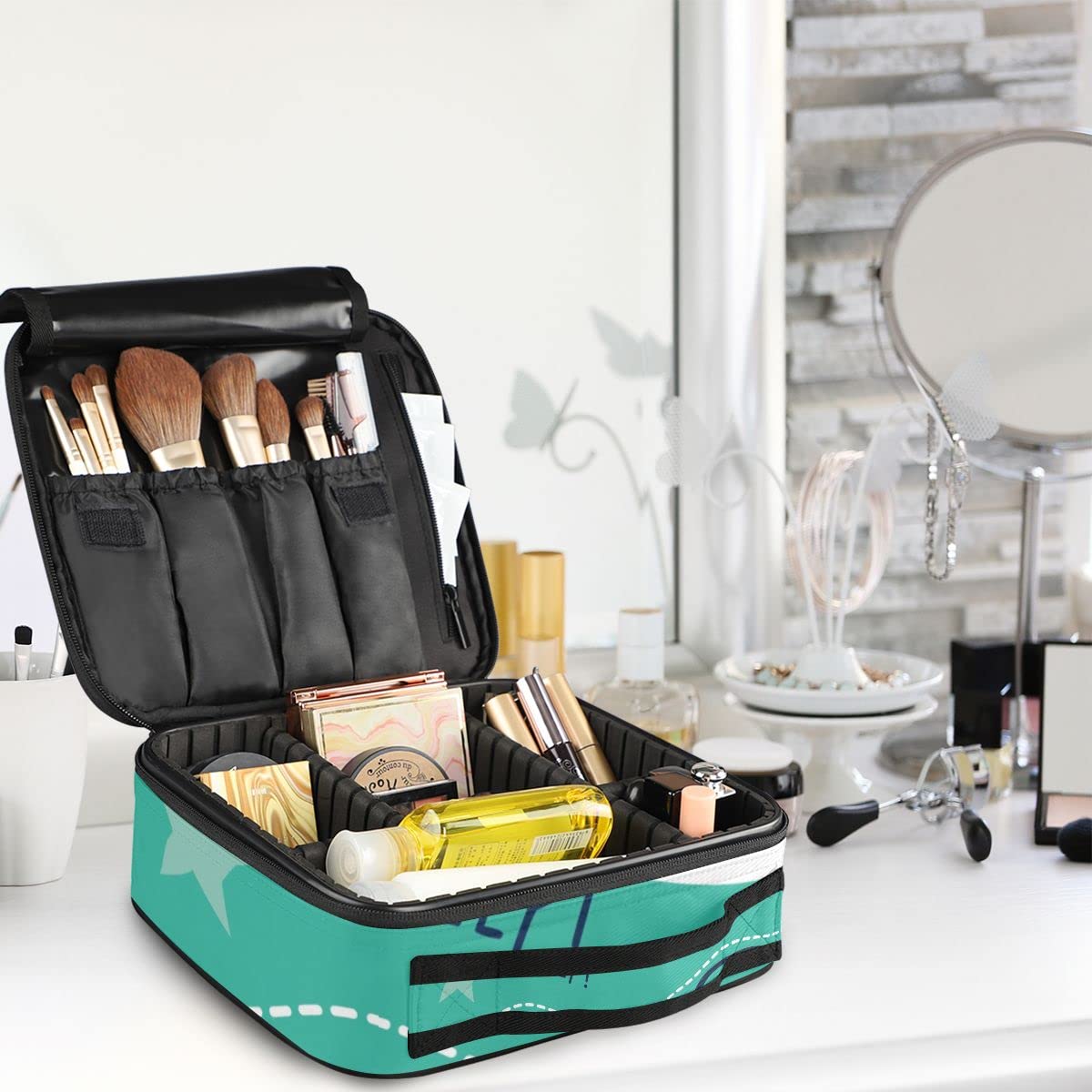 Easter Egg Pattern Makeup Train Case - Portable Cosmetic & Toiletry Travel Bag with Dividers for Women & Teen Girls - Perfect for Travel, Vacation, and Daily Storage (Cars & Roads Design)