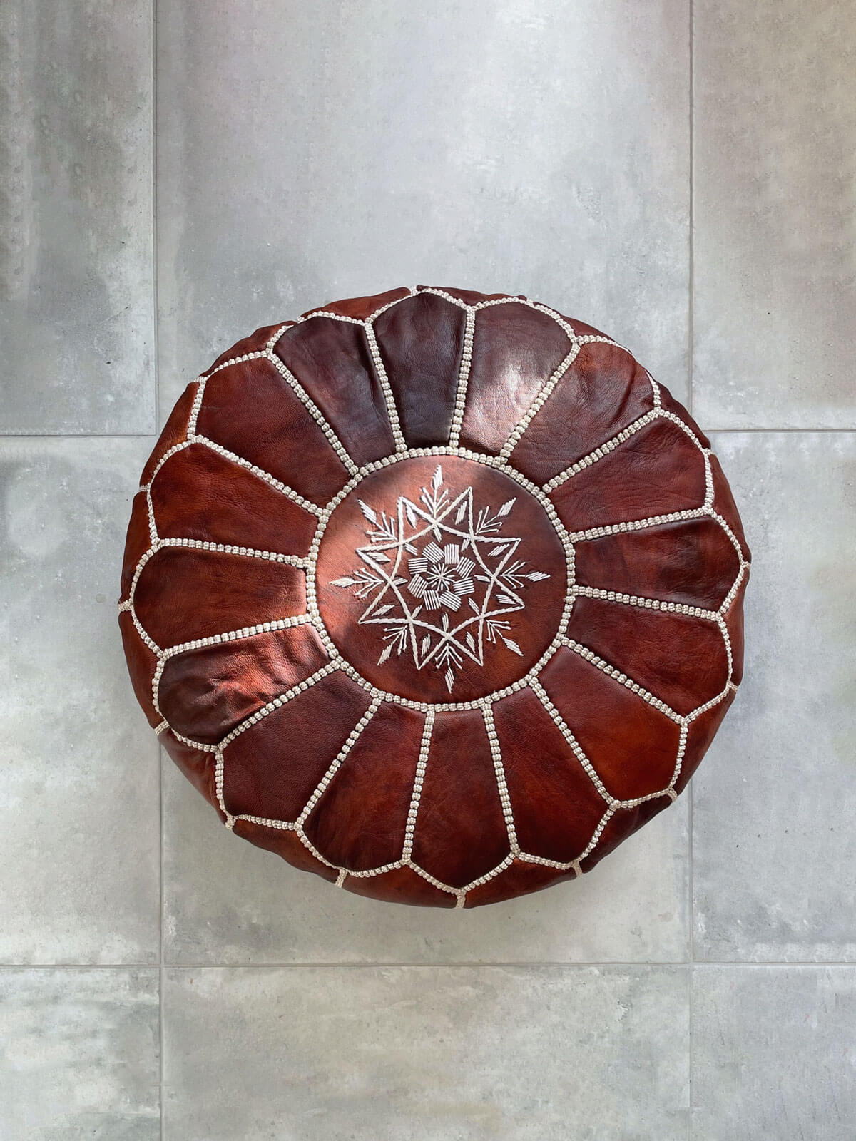Handmade Moroccan Leather Pouffe Ottoman - Genuine Leather Footstool, Chestnut Brown - Perfect for Living Room, Bedroom, or Boho Home Decor