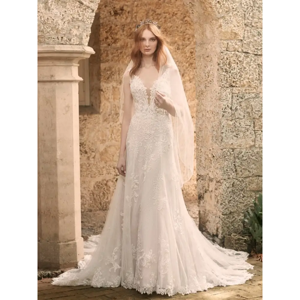 Maggie Sottero Johanna Wedding Veil - Elegant Cathedral Length Bridal Veil with Lace Appliques for Romantic Ceremonies & Formal Weddings