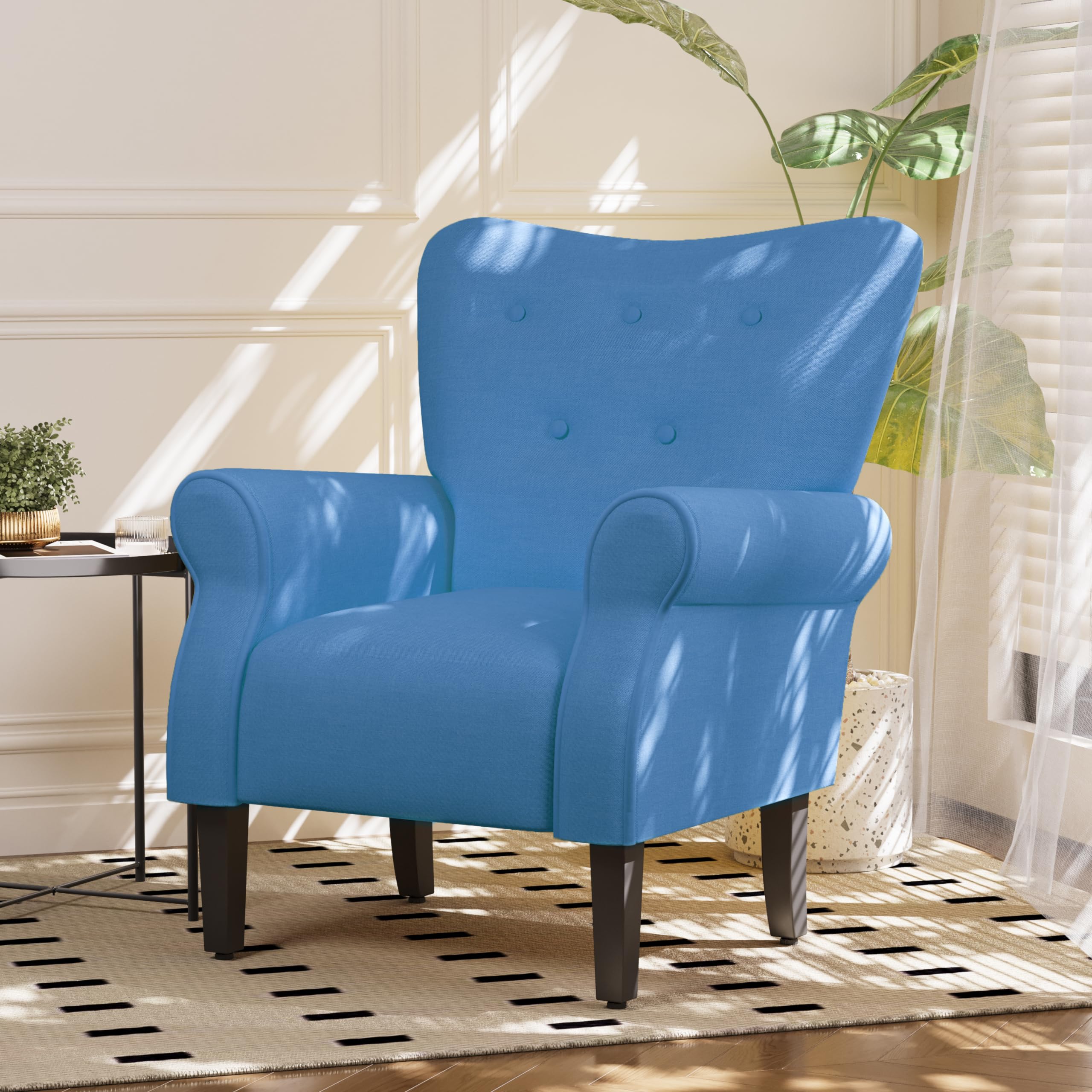 MELLCOM Mid Century Modern Wingback Arm Chair - Upholstered Fabric High Back Accent Chair with Wooden Legs, Single Sofa Club Chair for Living Room, Bedroom & Home Office - Blue | Perfect for Reading Nooks, Cozy Corners & Contemporary Decor